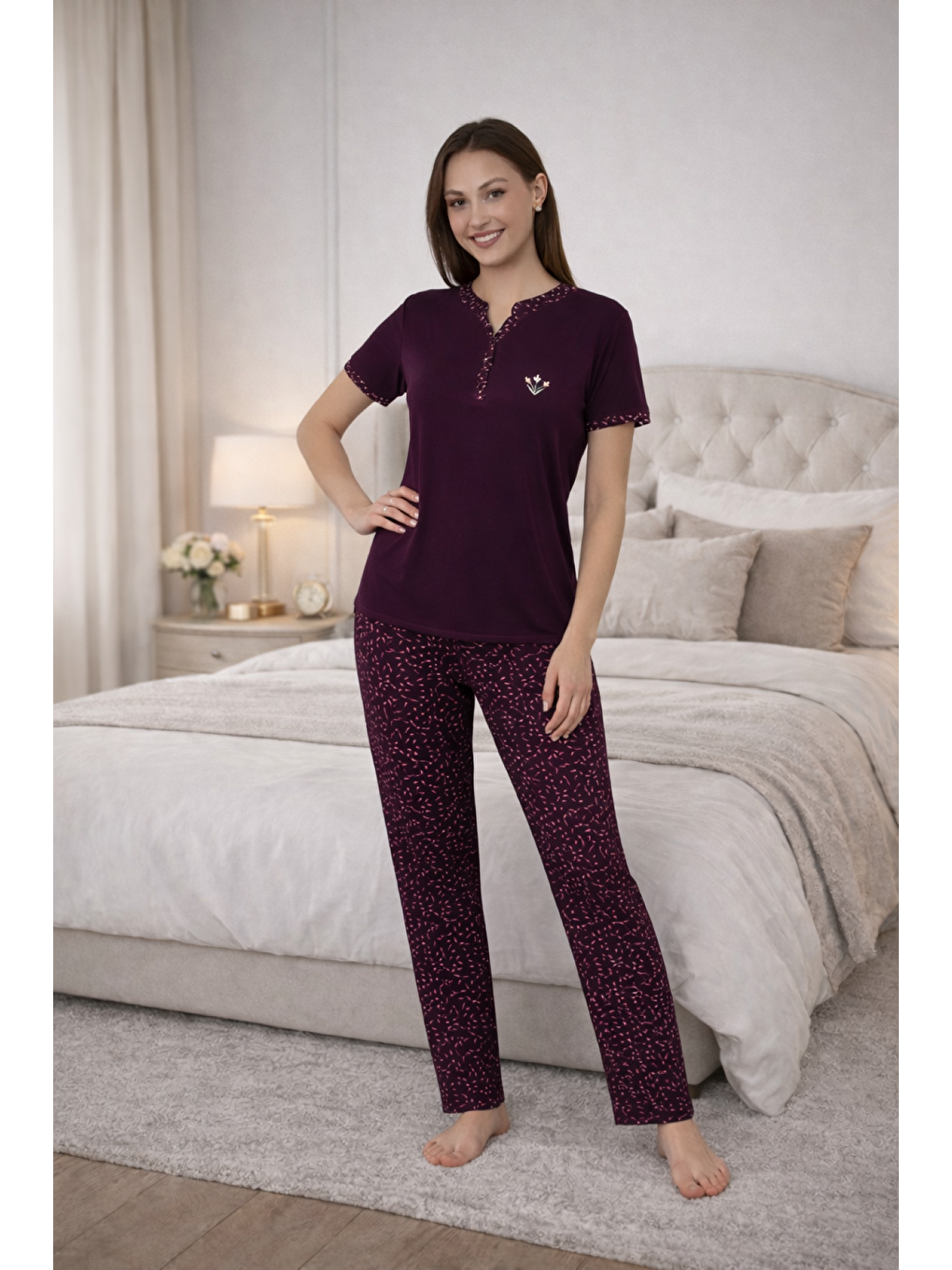 PREMIUM Kadın Mor Viskon Kısa Kollu Düğmeli Yüksek Kalite Pijama takımı-1