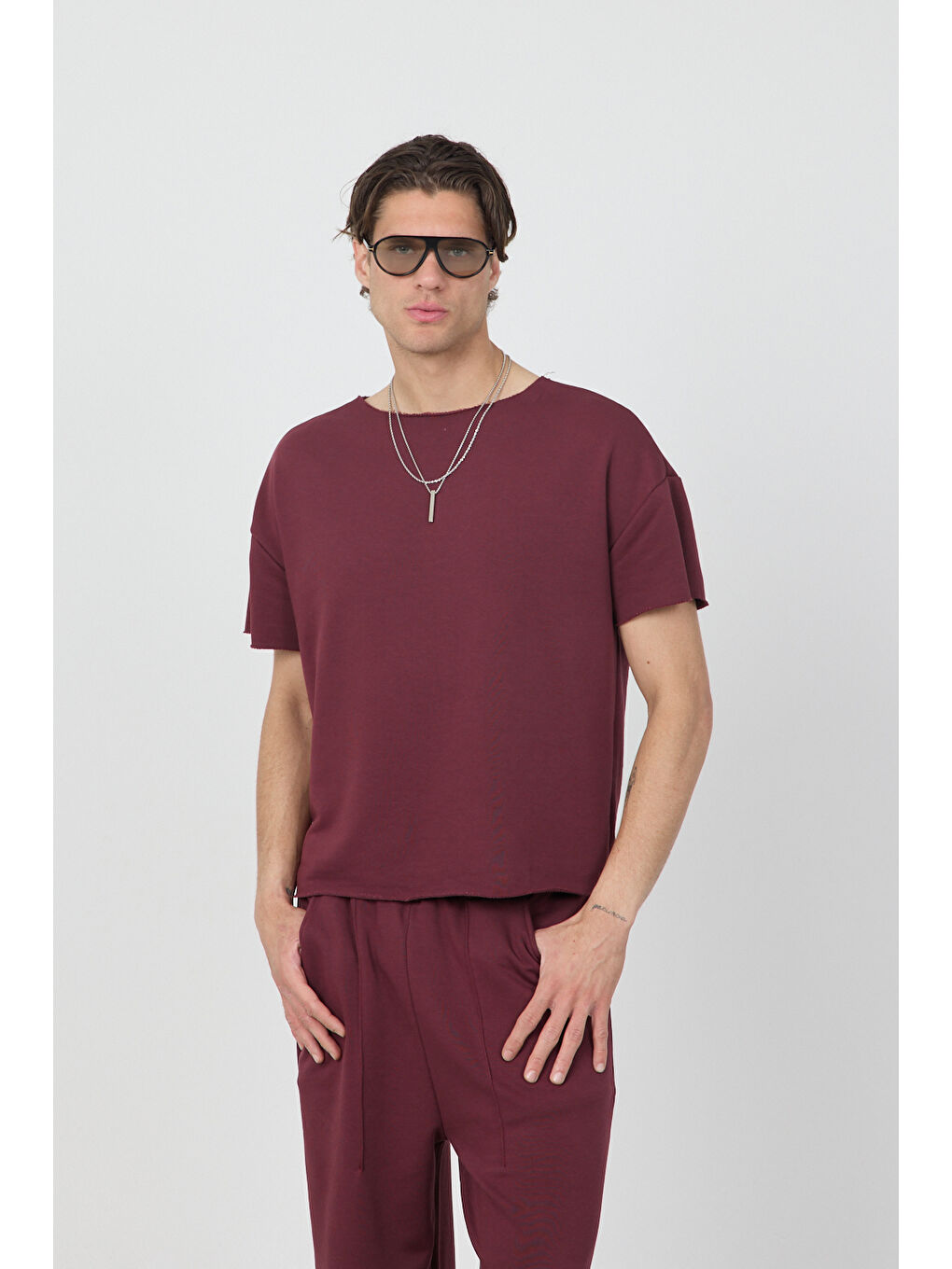 Erkek Blank Boxy Bordo Tişört-1