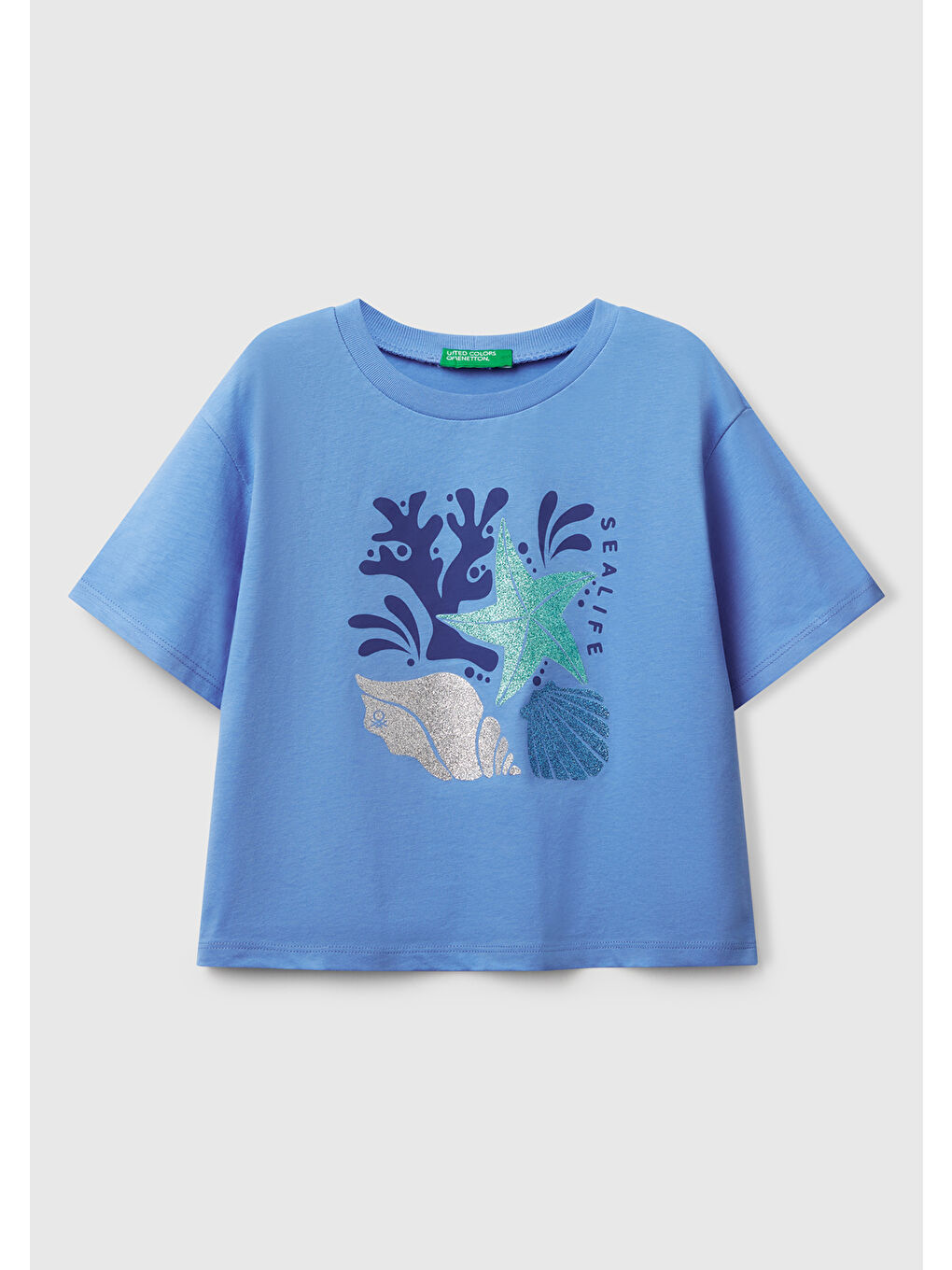 Kız Çocuk Mavi Parlak Baskılı Bisiklet Yaka T-Shirt