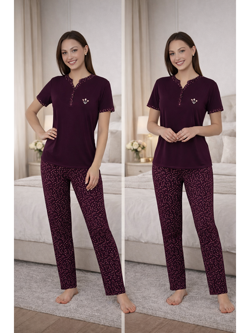 PREMIUM Kadın Mor Viskon Kısa Kollu Düğmeli Yüksek Kalite Pijama takımı-2