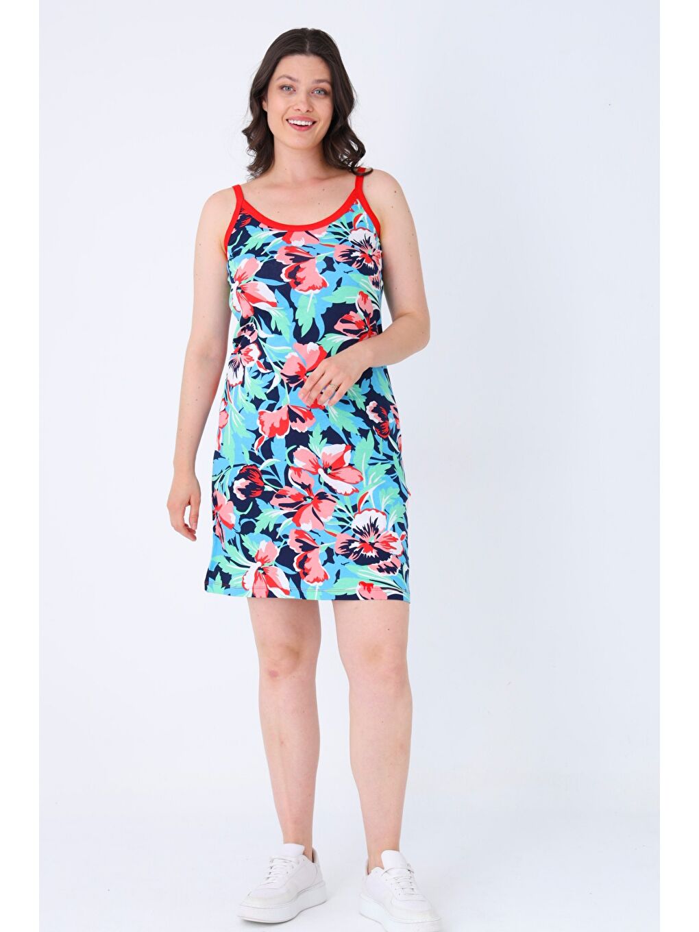 Lacivert Karışık Desenli %100 Pamuk Yazlık Askılı Elbise-1