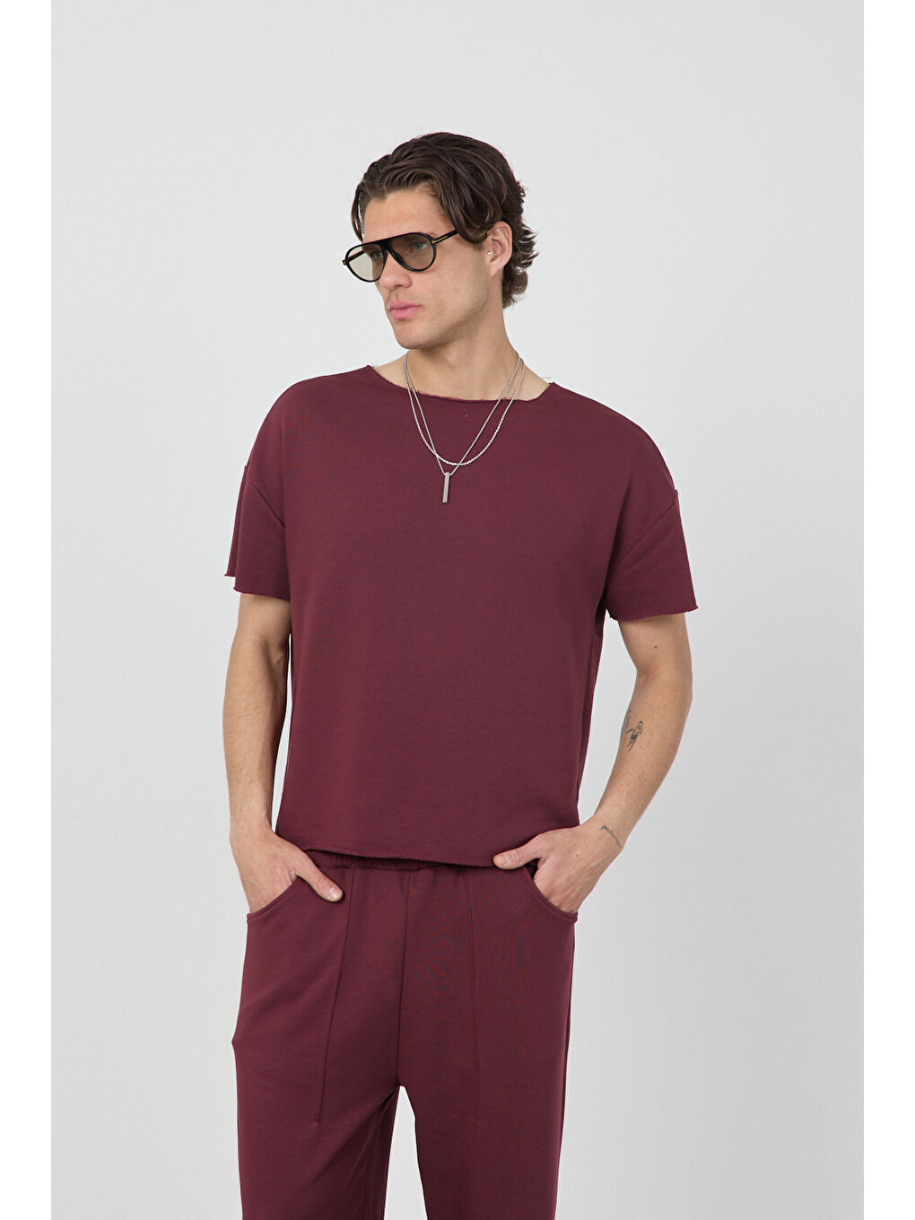 Erkek Blank Boxy Bordo Tişört-2