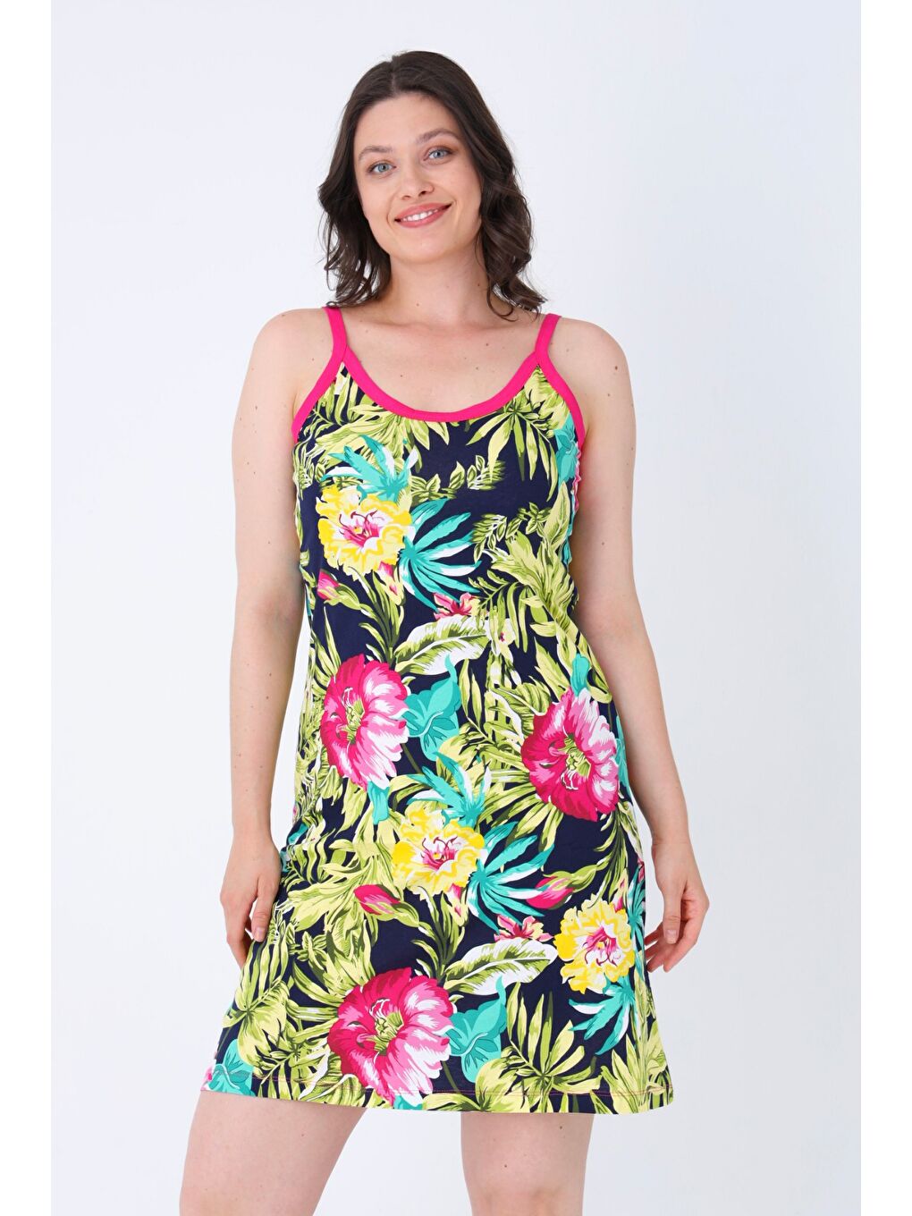 Lacivert Desenli %100 Pamuk Yazlık Askılı Elbise-1