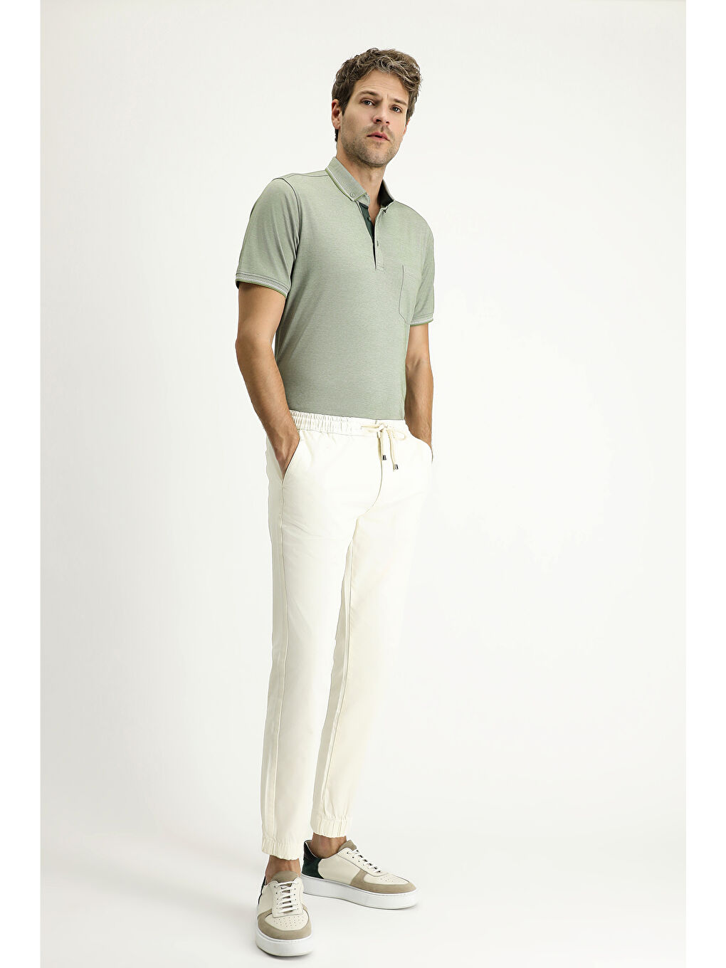 Ekru Regular Fit Elastanlı Beli Lastikli İpli Pantolon-1