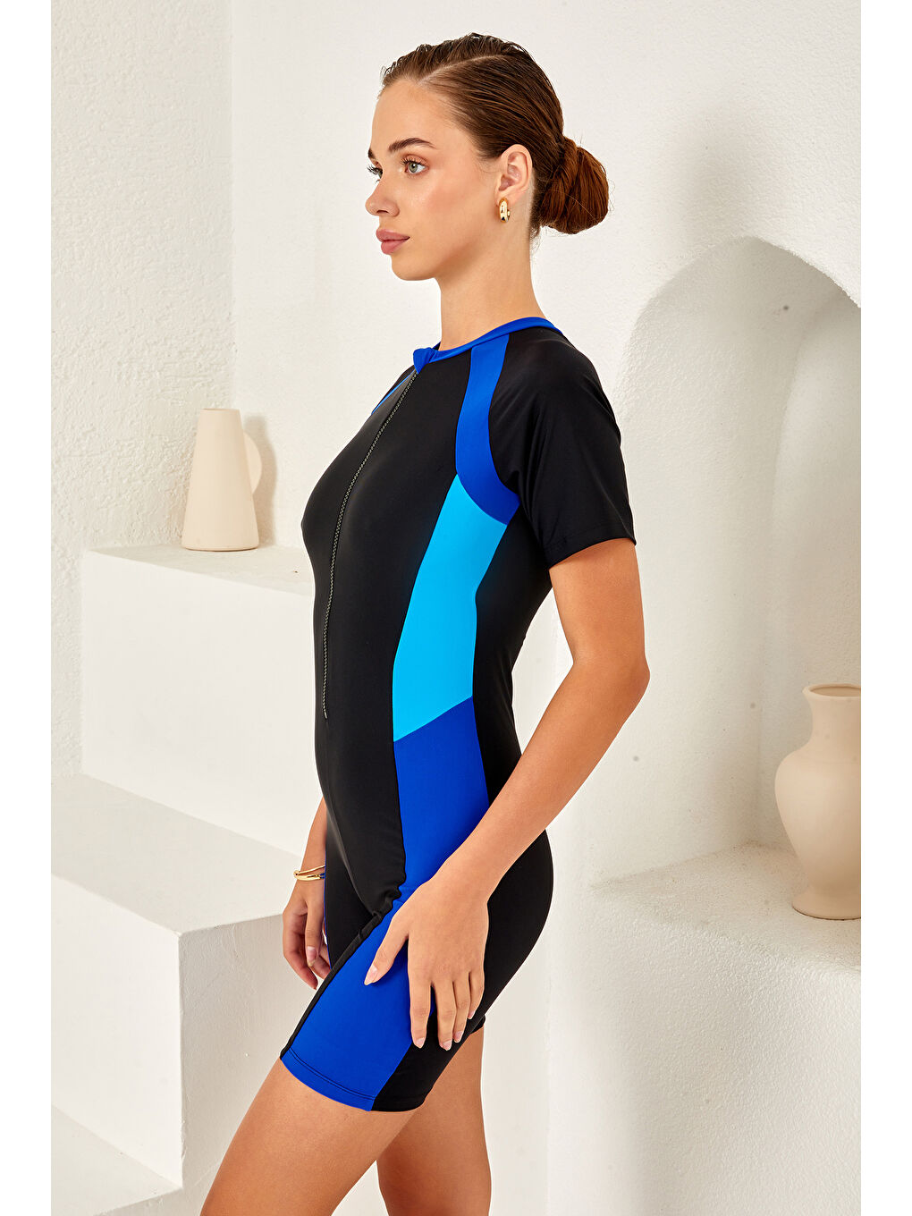 UV Korumalı Kısa Kollu Şortlu Fermuarlı Sörfçü Mayo Yüzücü Mayo 4164 Siyah-2