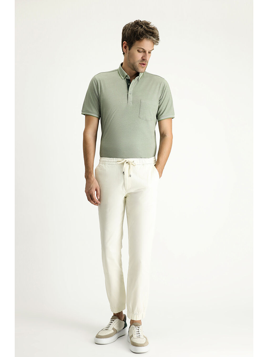 Ekru Regular Fit Elastanlı Beli Lastikli İpli Pantolon-2