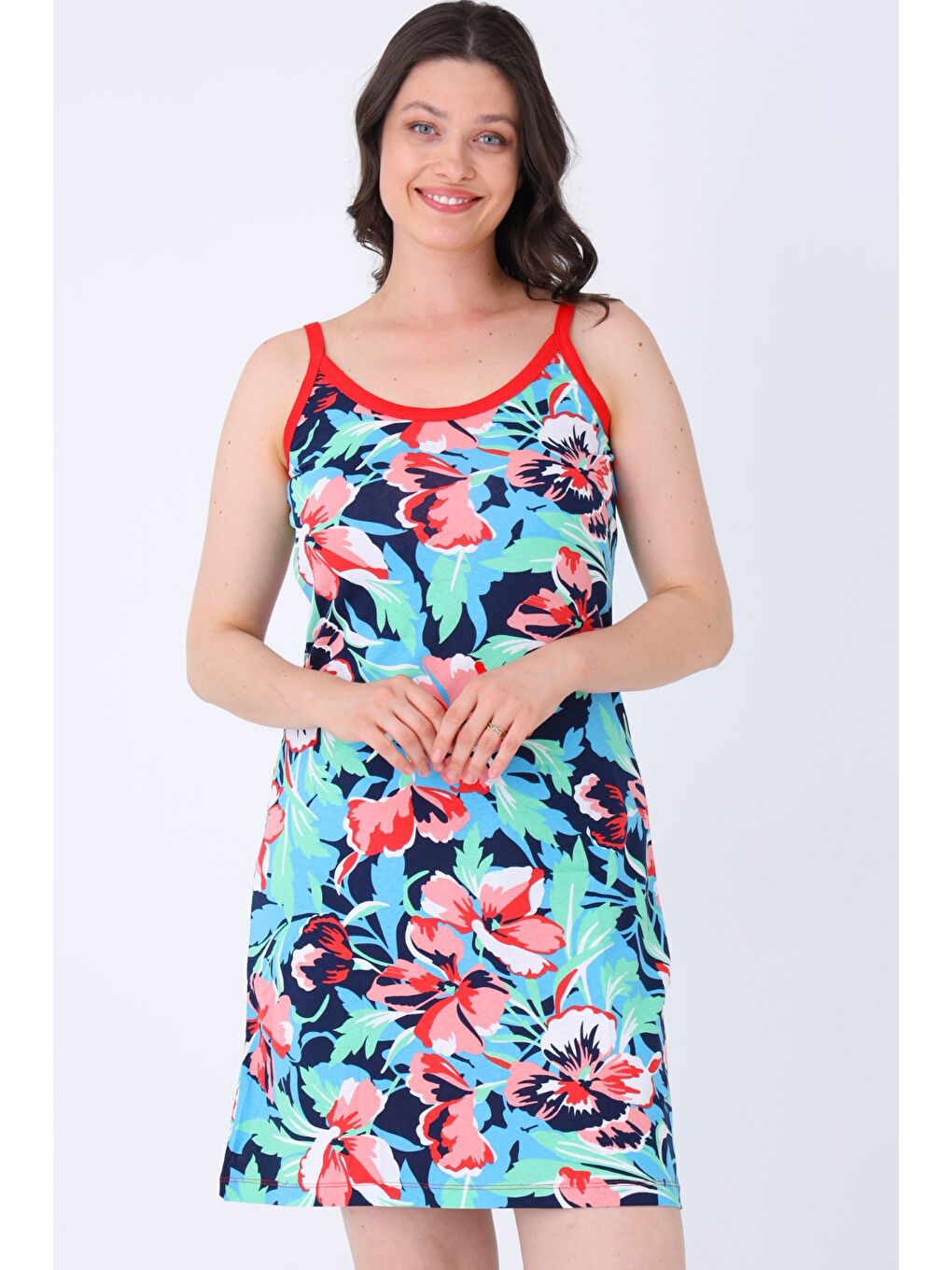 Lacivert Karışık Desenli %100 Pamuk Yazlık Askılı Elbise-2