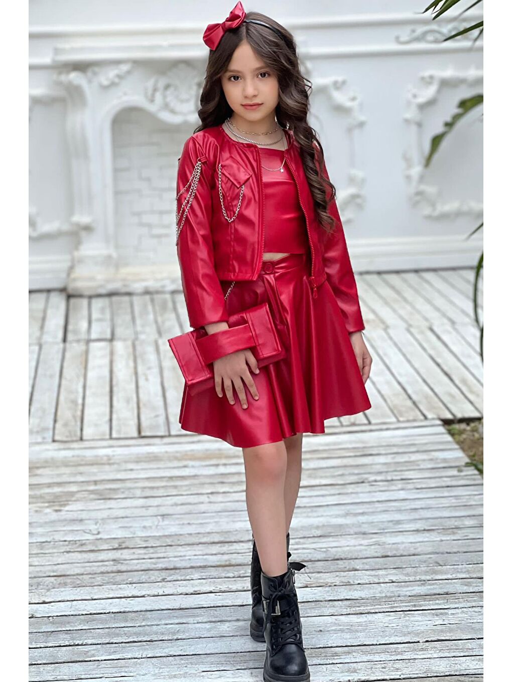 Kız Çocuk Zincir Detaylı Ceket Beli Manşetli Etek ve Croplu Kırmızı Etekli Takım