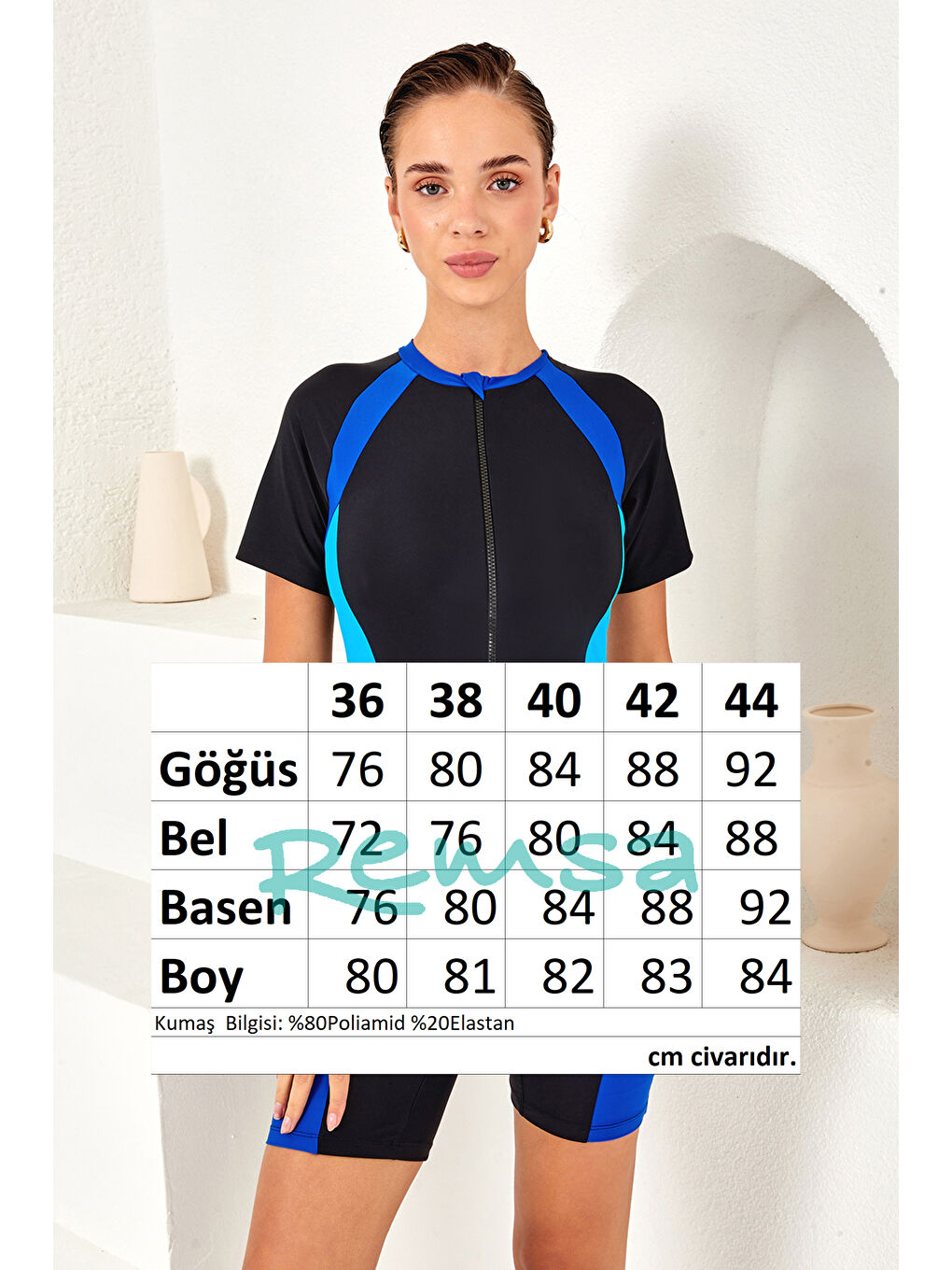 UV Korumalı Kısa Kollu Şortlu Fermuarlı Sörfçü Mayo Yüzücü Mayo 4164 Siyah-3