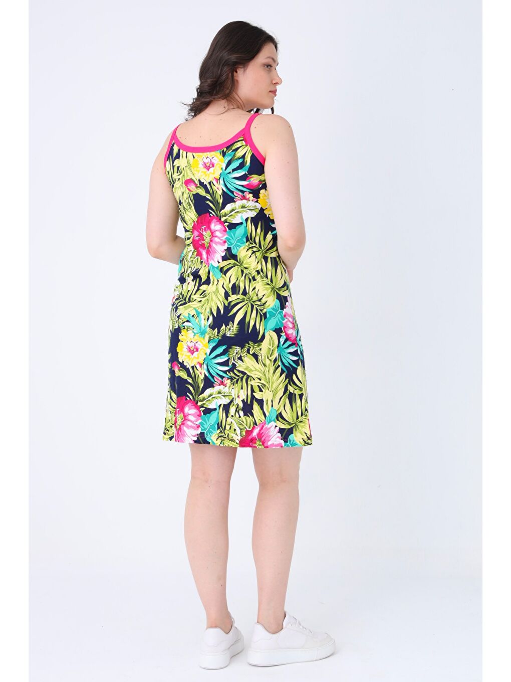 Lacivert Desenli %100 Pamuk Yazlık Askılı Elbise-3