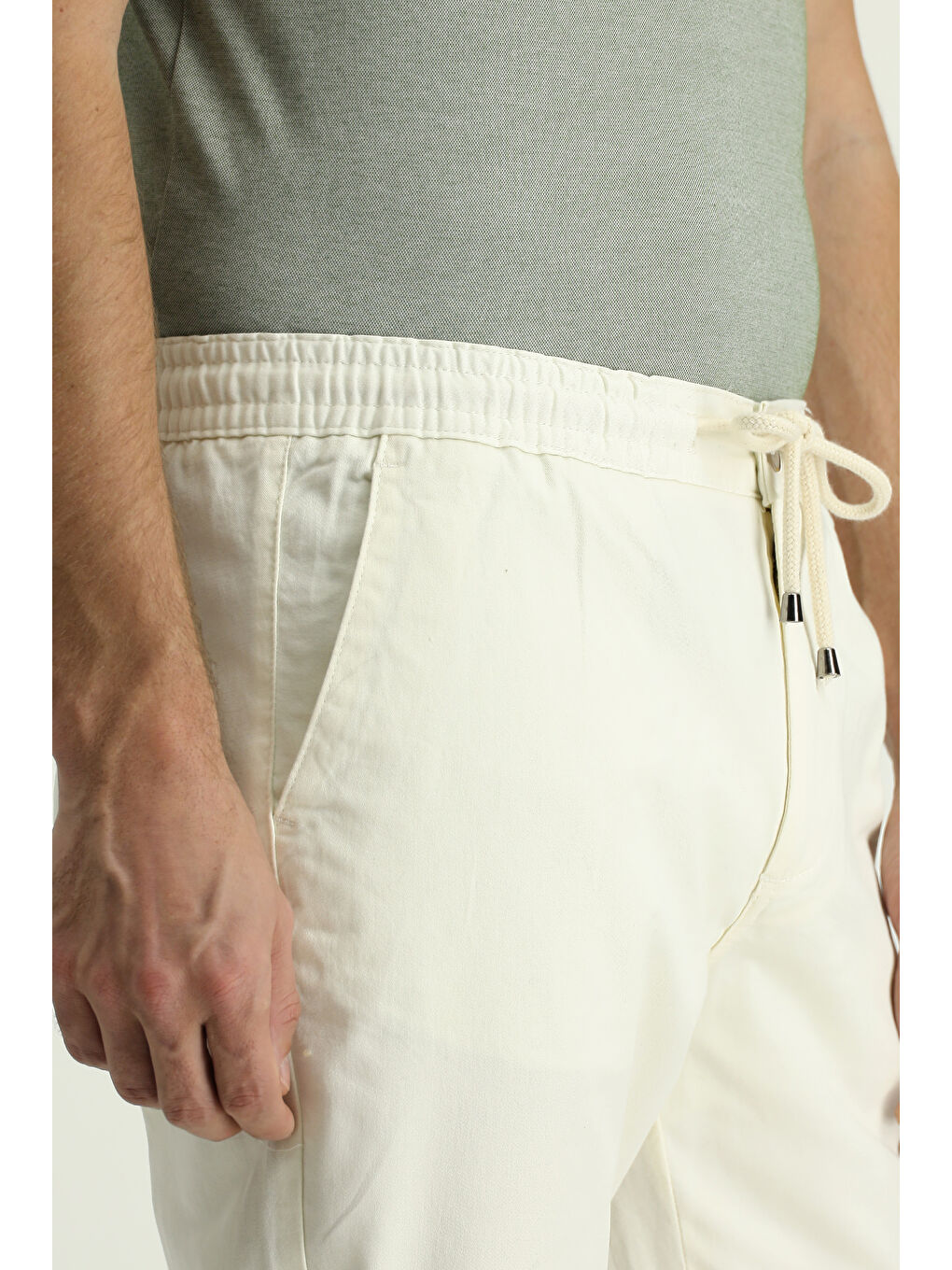 Ekru Regular Fit Elastanlı Beli Lastikli İpli Pantolon-3