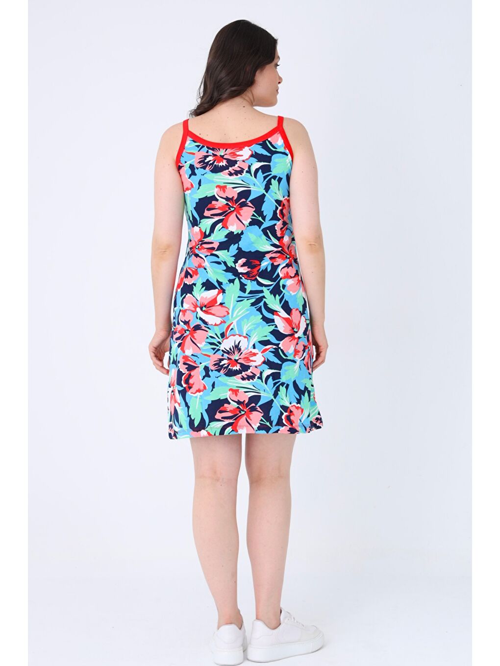 Lacivert Karışık Desenli %100 Pamuk Yazlık Askılı Elbise-3