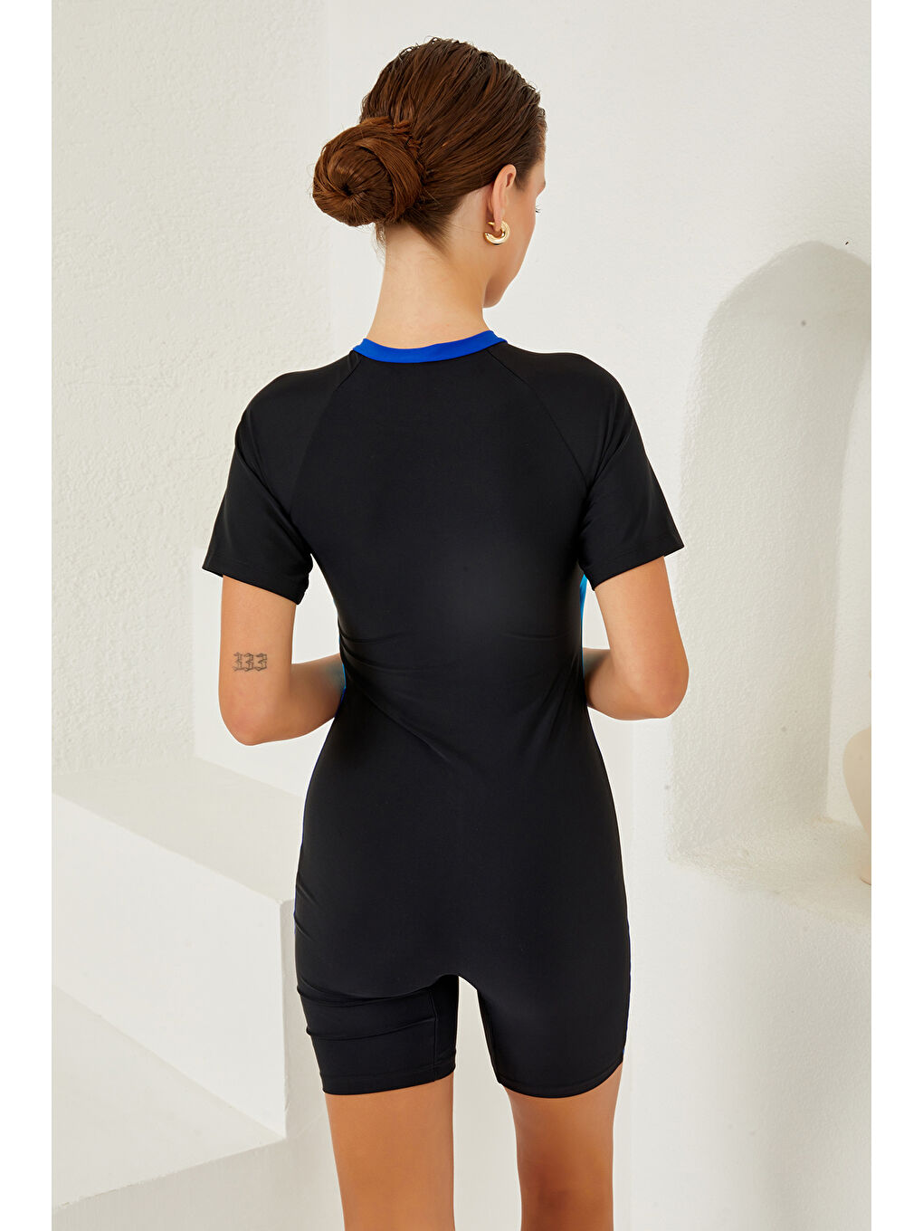 UV Korumalı Kısa Kollu Şortlu Fermuarlı Sörfçü Mayo Yüzücü Mayo 4164 Siyah-4