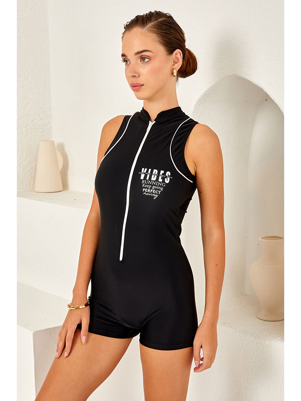 Sıfır Kol Şortlu Fermuarlı Sörfçü Mayo Yüzücü Mayo 4161 Siyah-1