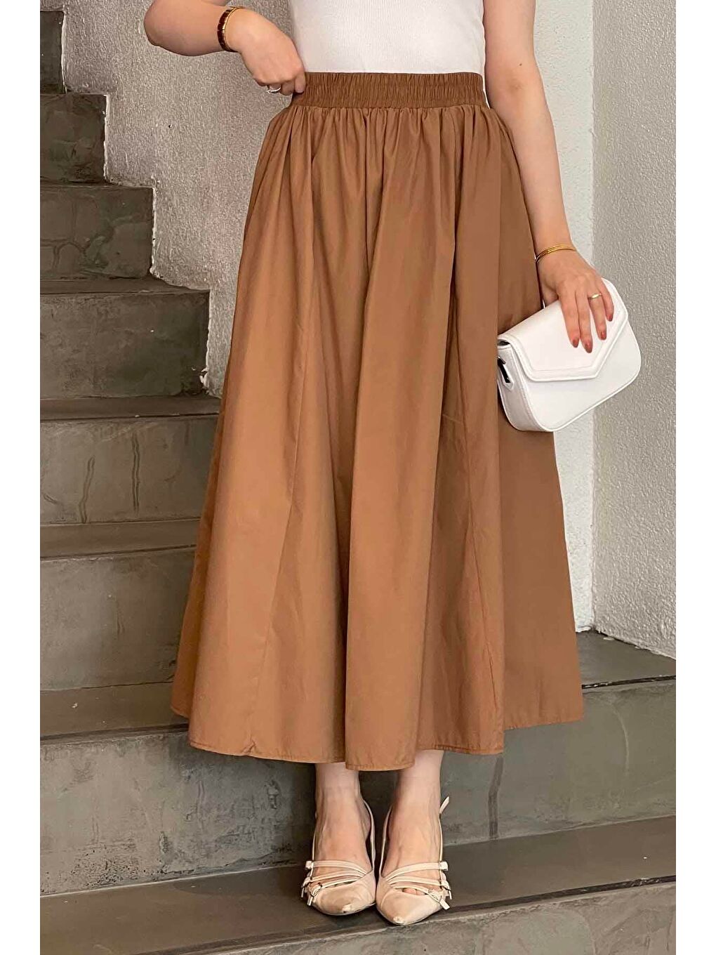 Kahverengi Cep Detaylı Kloş Keten Etek Soft Kahve-1