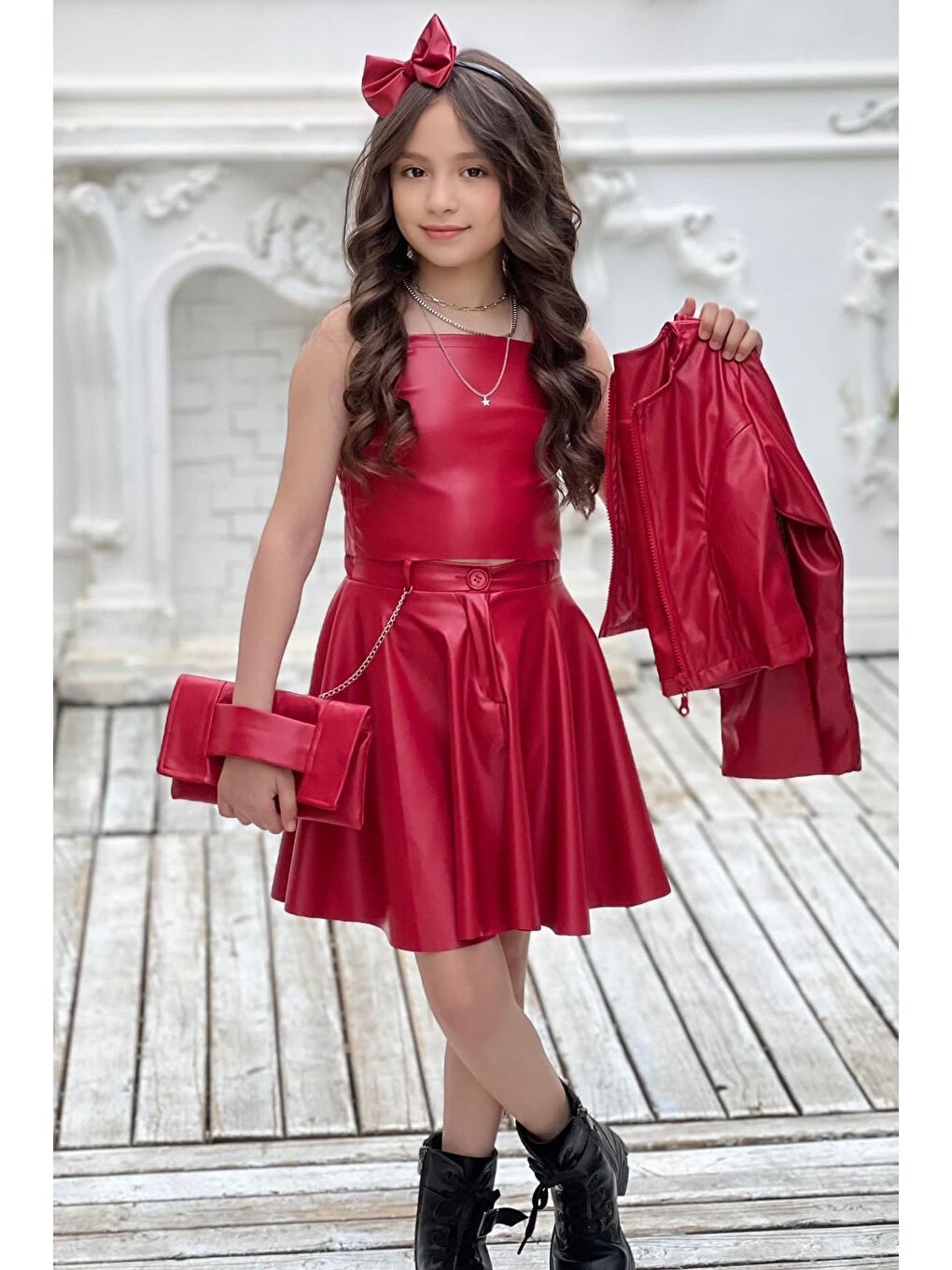 Kız Çocuk Zincir Detaylı Ceket Beli Manşetli Etek ve Croplu Kırmızı Etekli Takım-1