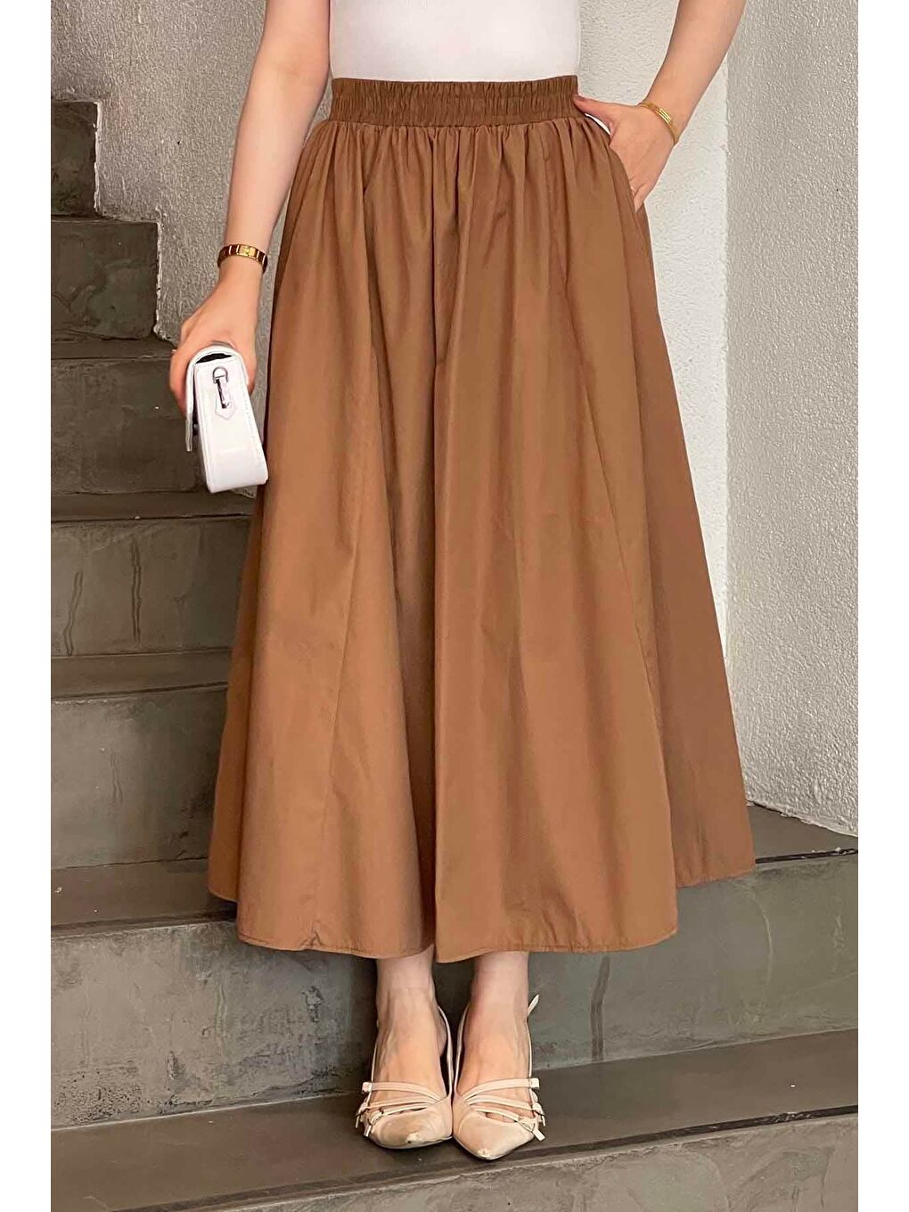 Kahverengi Cep Detaylı Kloş Keten Etek Soft Kahve-2