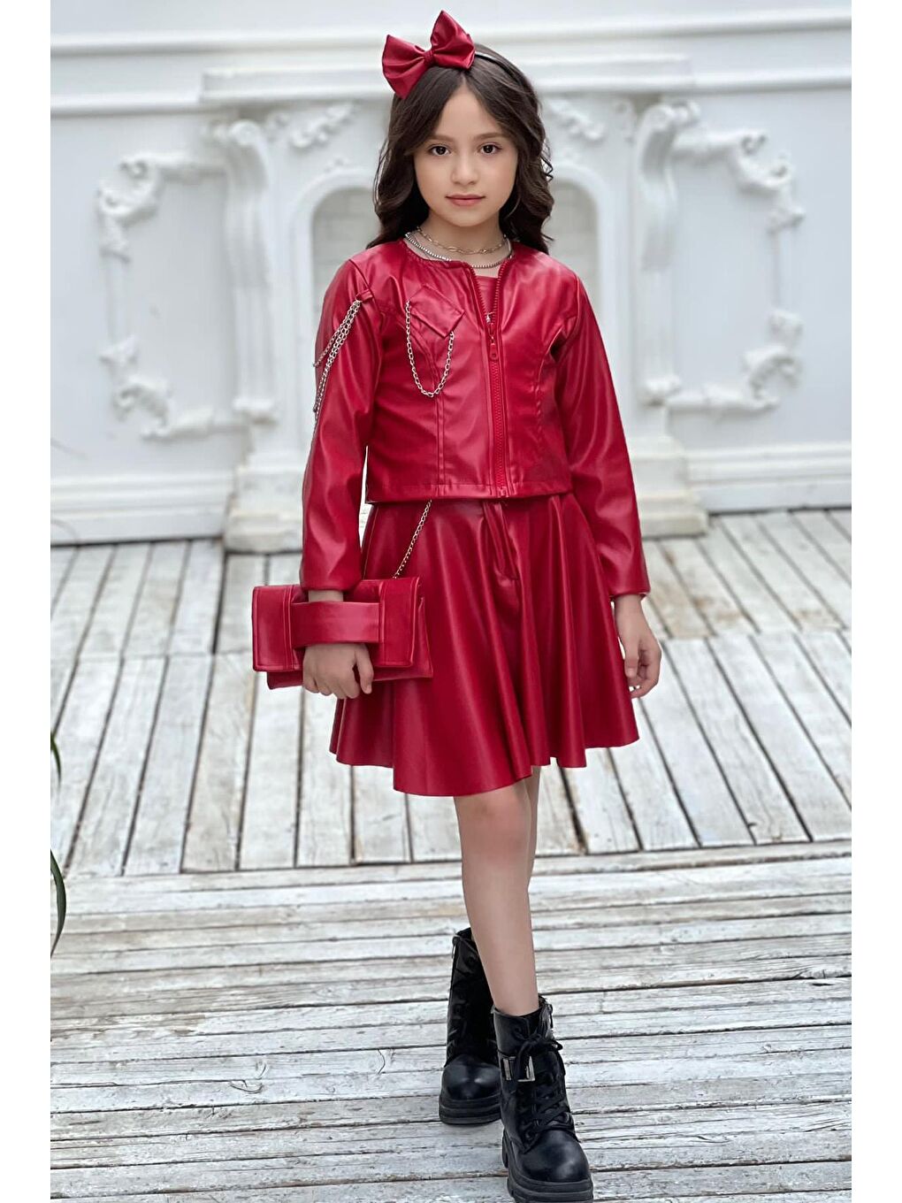 Kız Çocuk Zincir Detaylı Ceket Beli Manşetli Etek ve Croplu Kırmızı Etekli Takım-2