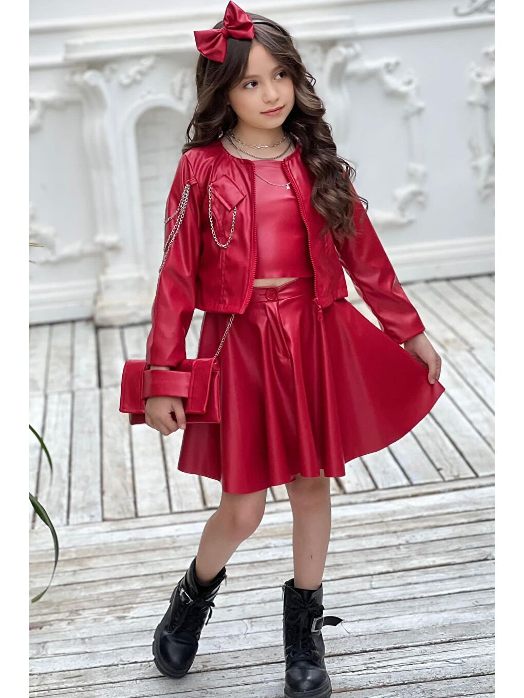 Kız Çocuk Zincir Detaylı Ceket Beli Manşetli Etek ve Croplu Kırmızı Etekli Takım-3