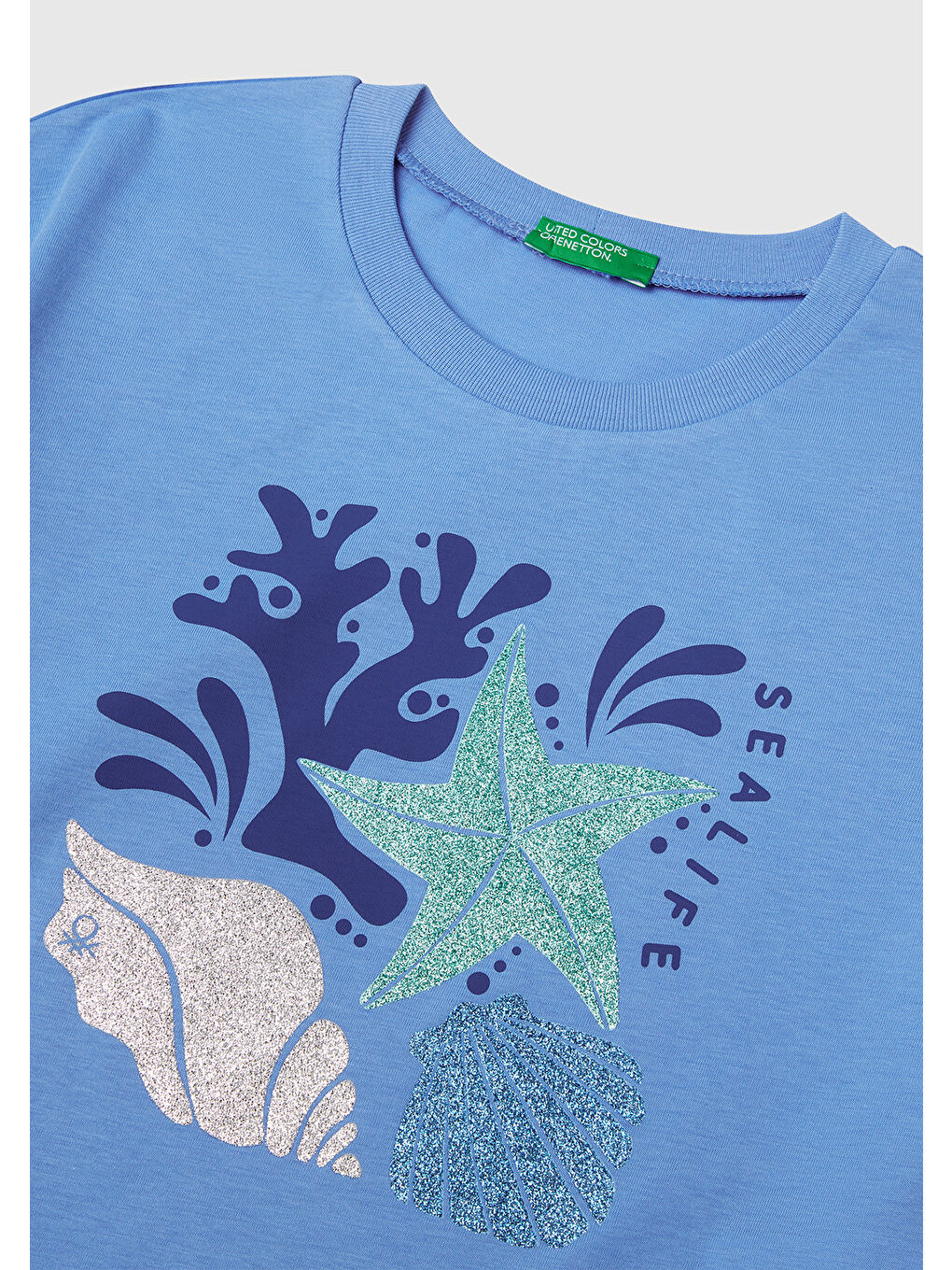 Kız Çocuk Mavi Parlak Baskılı Bisiklet Yaka T-Shirt-2