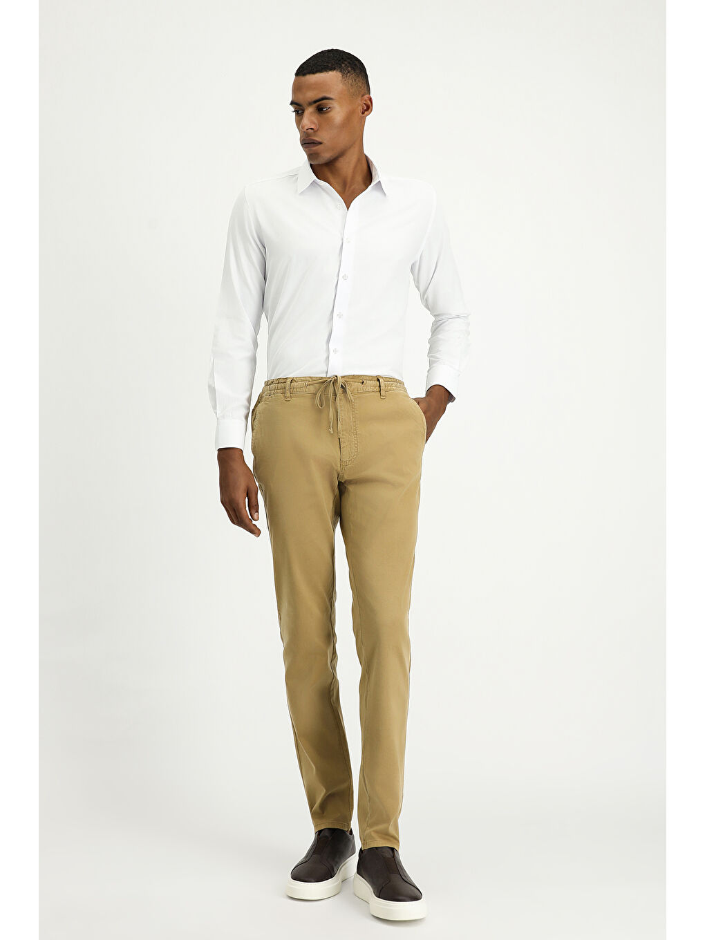 Bej Regular Fit Beli Lastikli İpli Elastanlı Pantolon-1