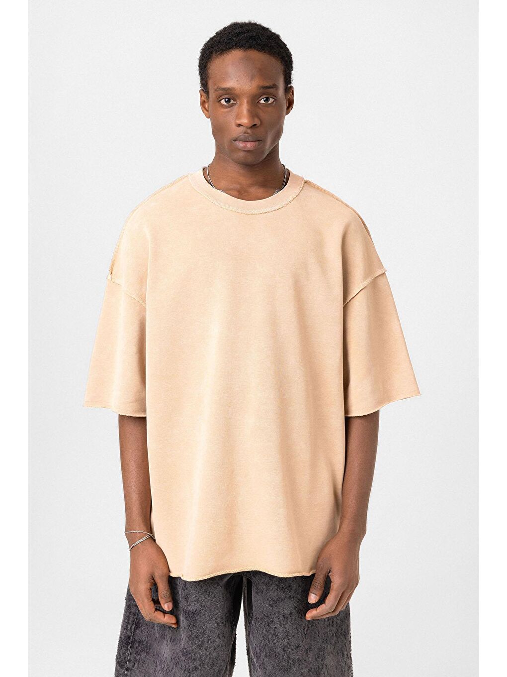 Yıkamalı Oversize Tişört Bej-2