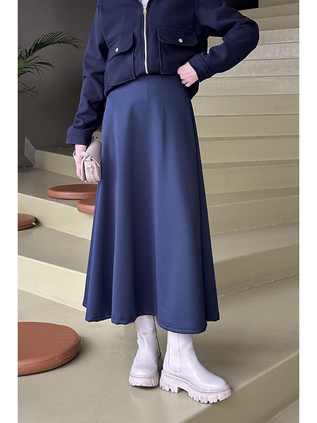 Scuba Kumaş Kloş Etek Lacivert