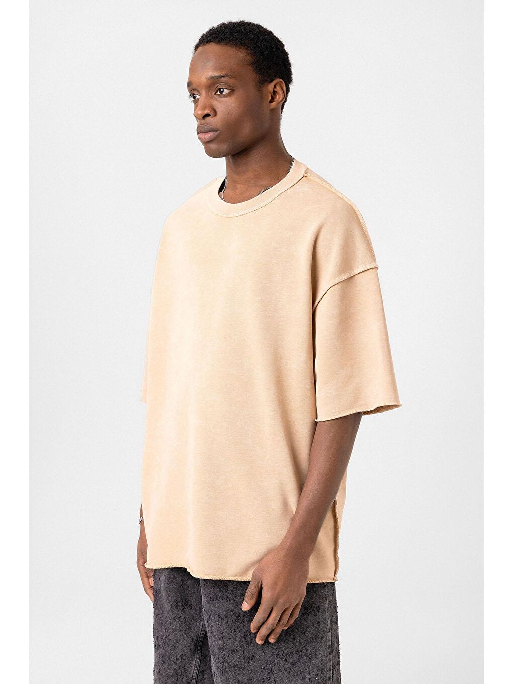Yıkamalı Oversize Tişört Bej-3