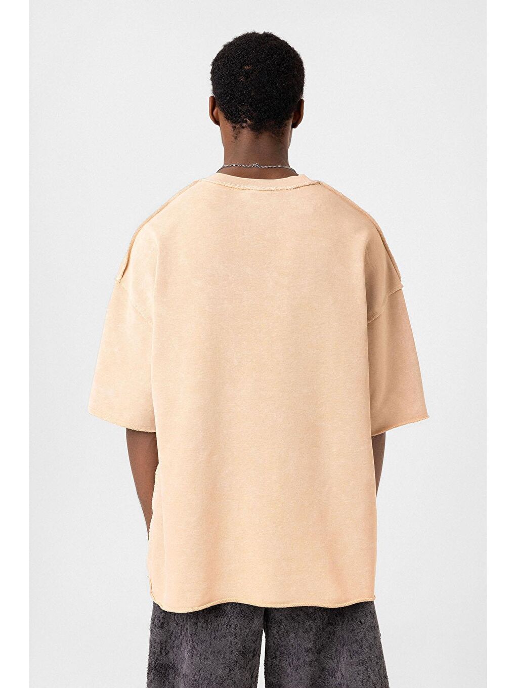 Yıkamalı Oversize Tişört Bej-4