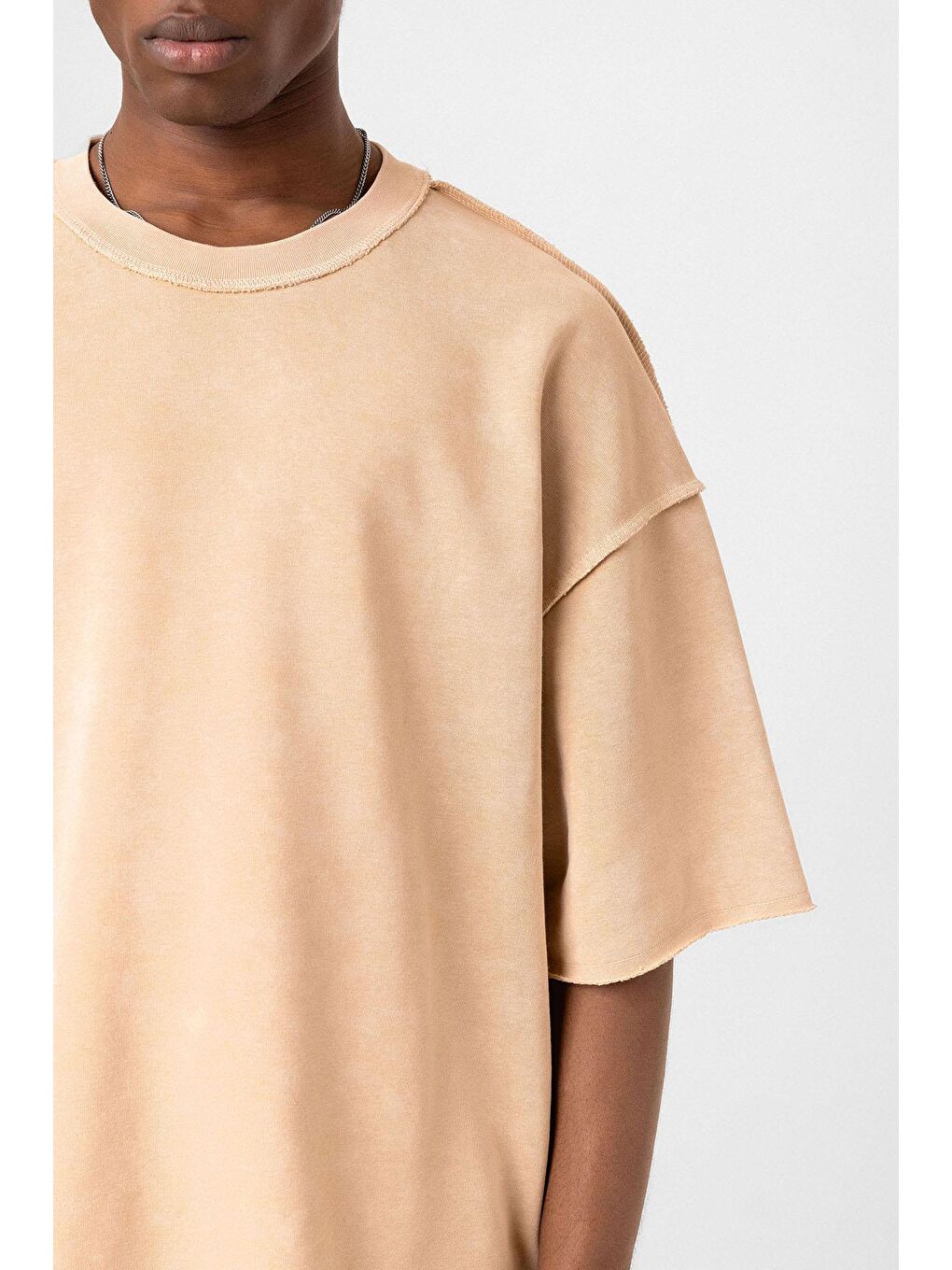 Yıkamalı Oversize Tişört Bej-5