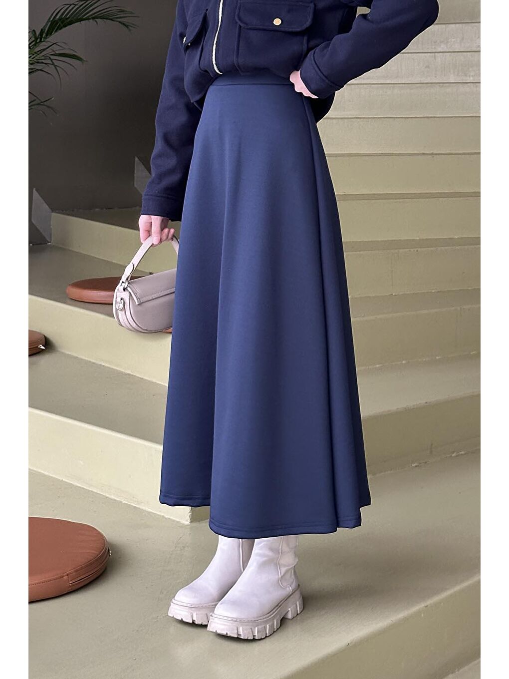 Scuba Kumaş Kloş Etek Lacivert-1