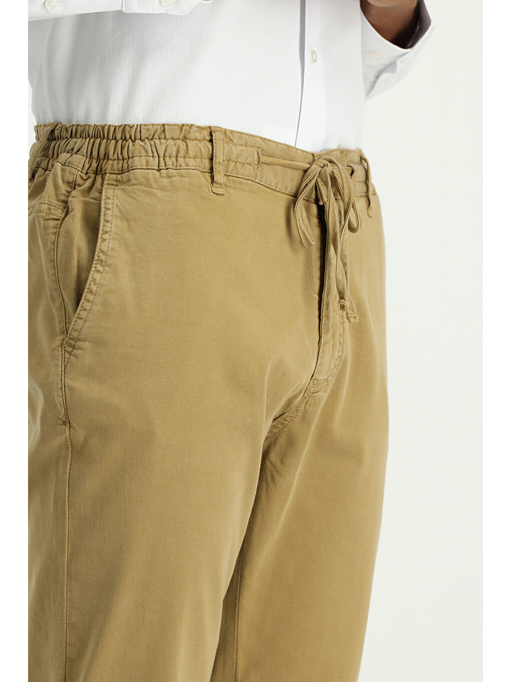 Bej Regular Fit Beli Lastikli İpli Elastanlı Pantolon-3
