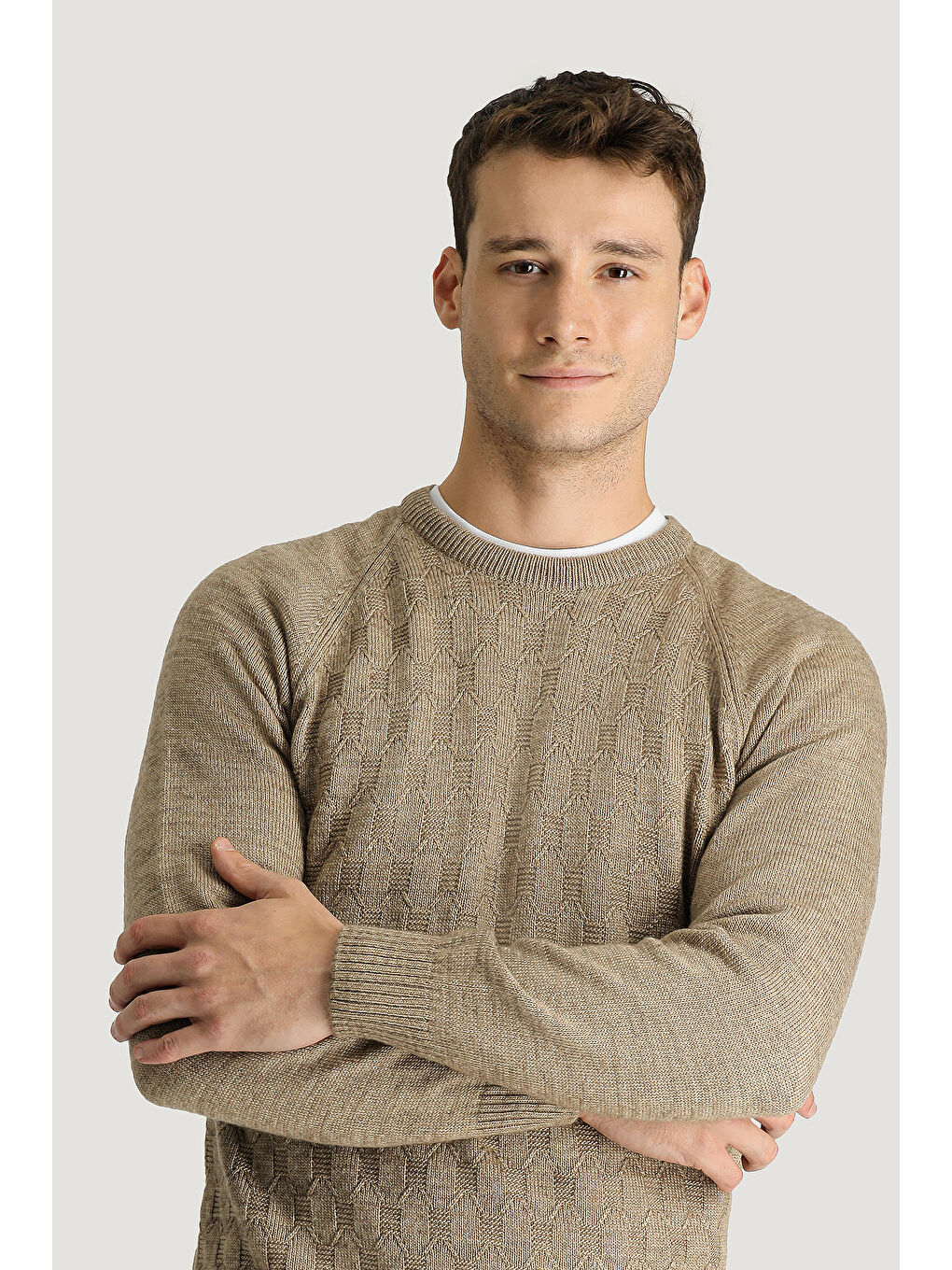 Bej Bisiklet Yaka Regular Fit Desenli Triko Kazak