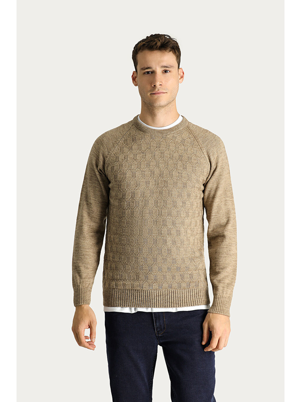 Bej Bisiklet Yaka Regular Fit Desenli Triko Kazak-1