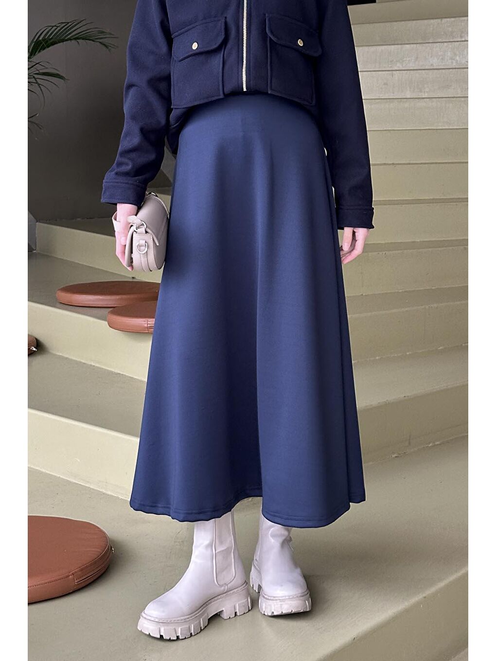 Scuba Kumaş Kloş Etek Lacivert-3