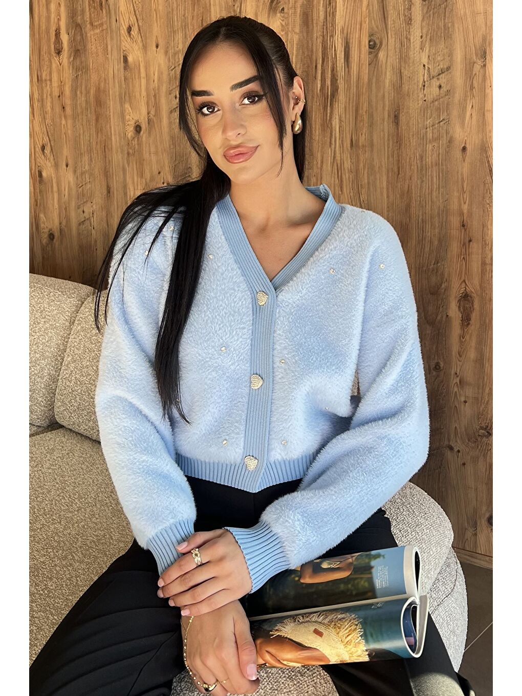 Mavi Kadın Taşlı Yumoş Triko Ceket (s-m-l-xl Beden Uyumludur.)