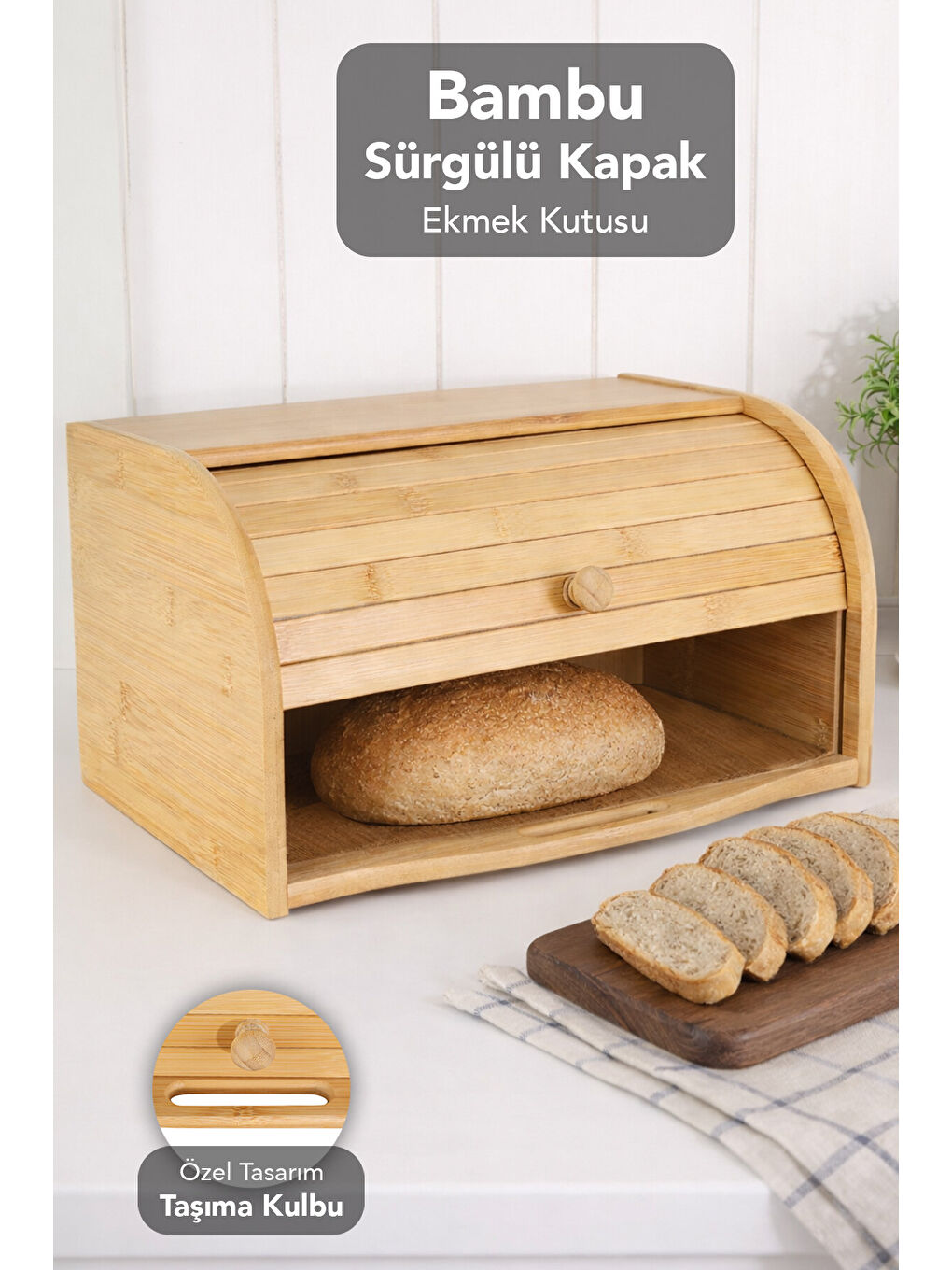 Bej Kayar Kapaklı Bambu Ekmeklik