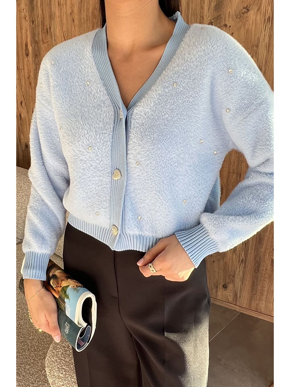 Mavi Kadın Taşlı Yumoş Triko Ceket (s-m-l-xl Beden Uyumludur.)-2