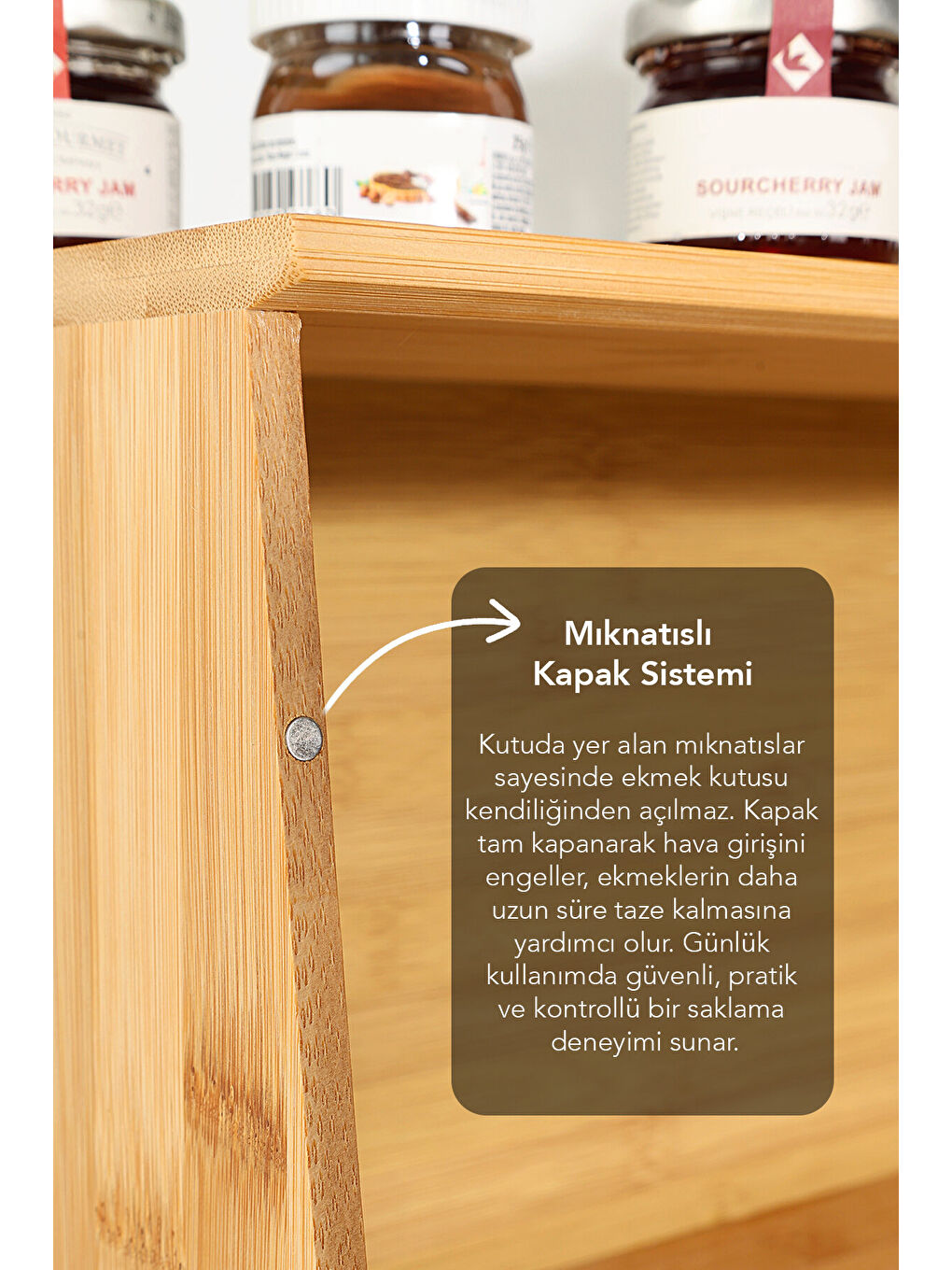Bej Mıknatıs Kapaklı Bambu Ekmek Kutusu-1