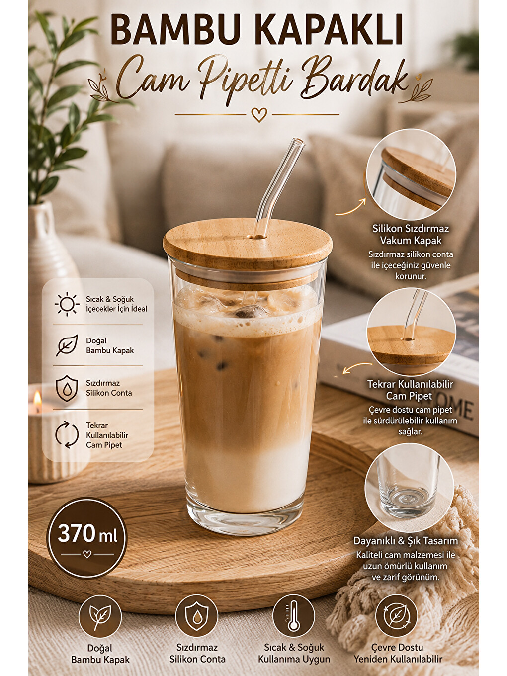 Renksiz 12474 Bambu Kapaklı Cam Pipetli Sızdırmaz Silikon Contalı Sıcak Soğuk İçecek Bardağı 370ml