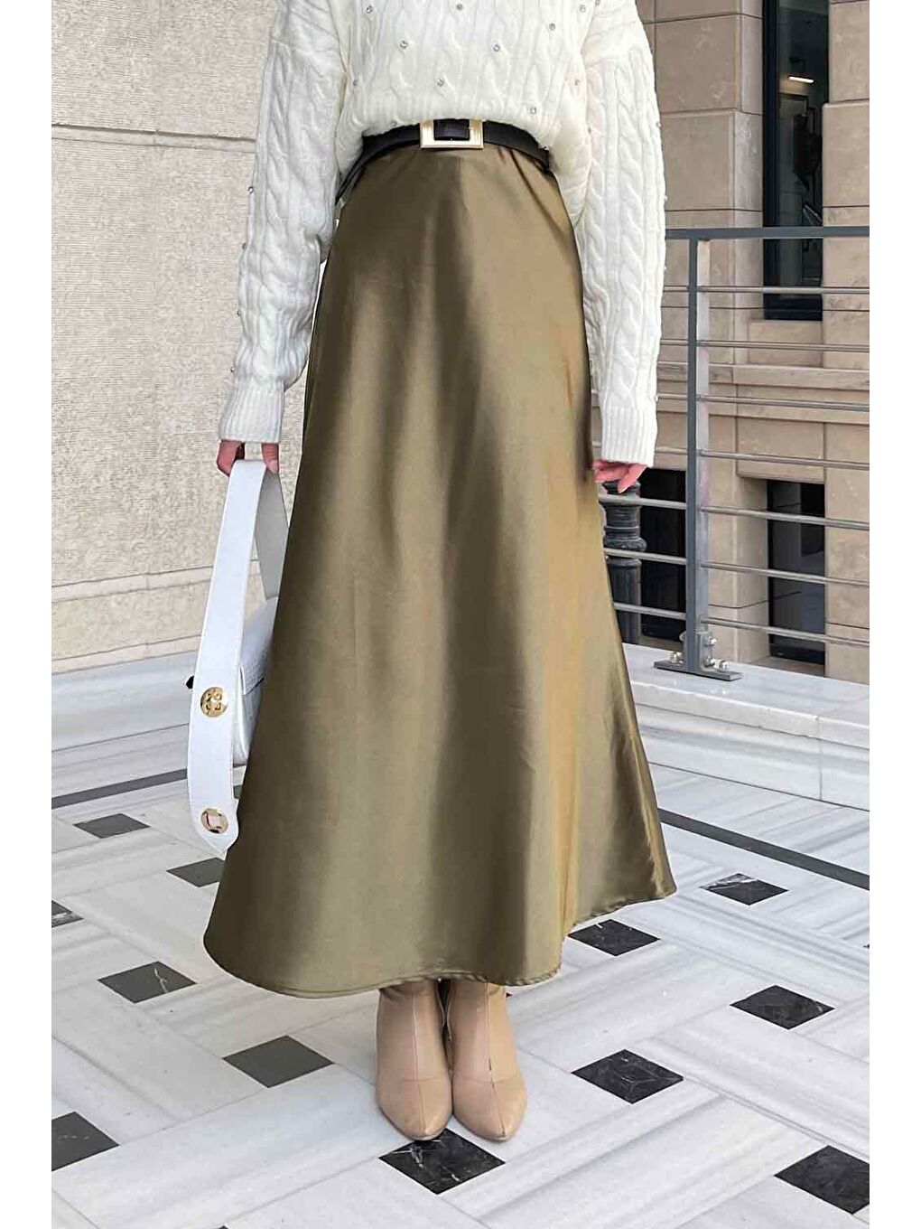 Düz Saten Çan Etek Haki-1