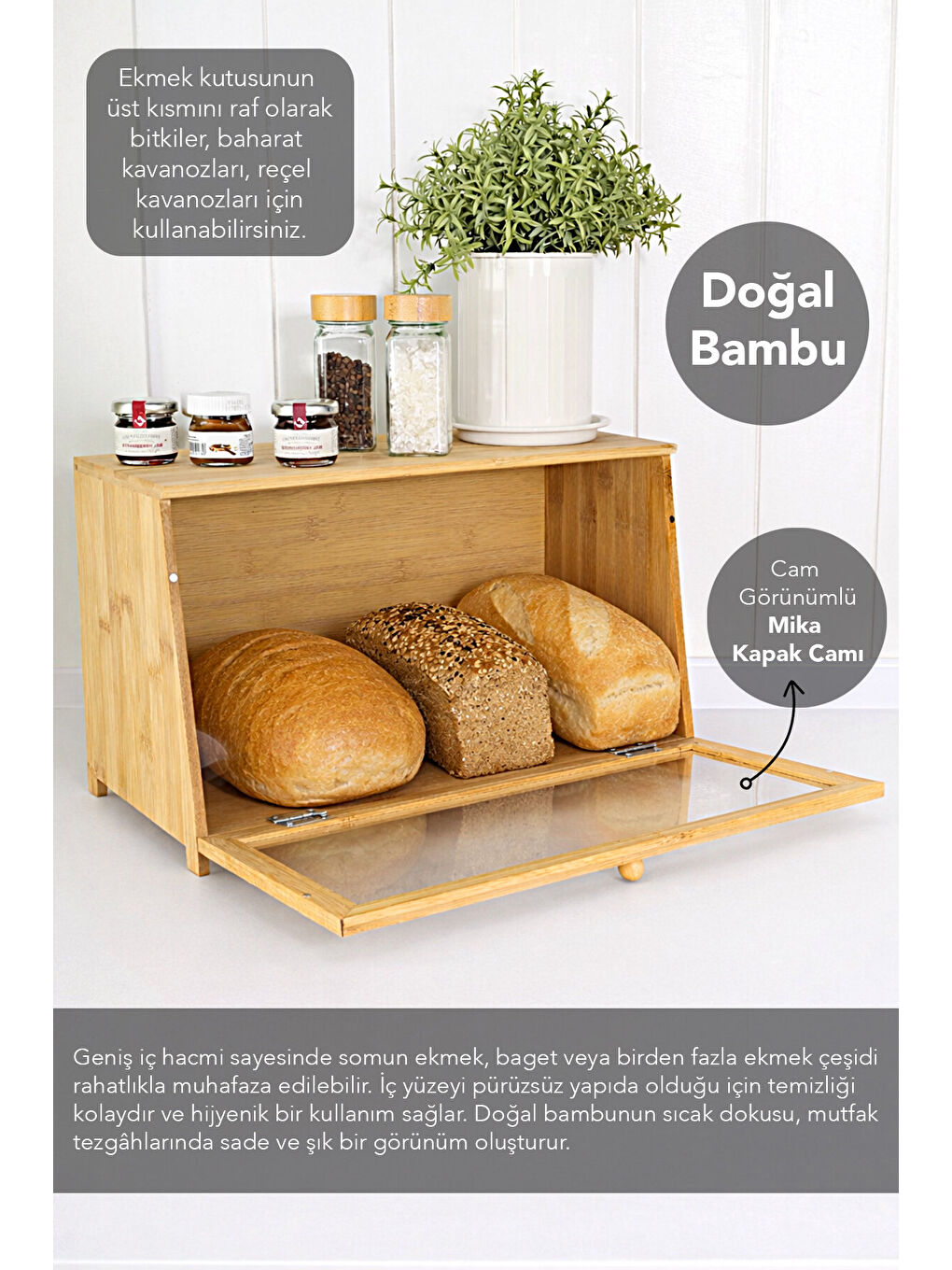 Bej Mıknatıs Kapaklı Bambu Ekmek Kutusu-2