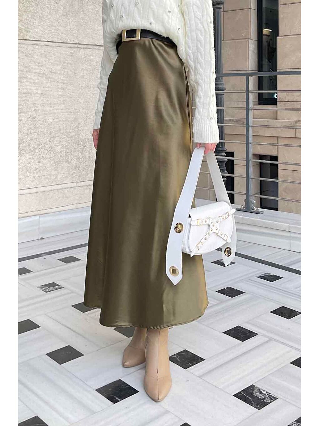 Düz Saten Çan Etek Haki-2