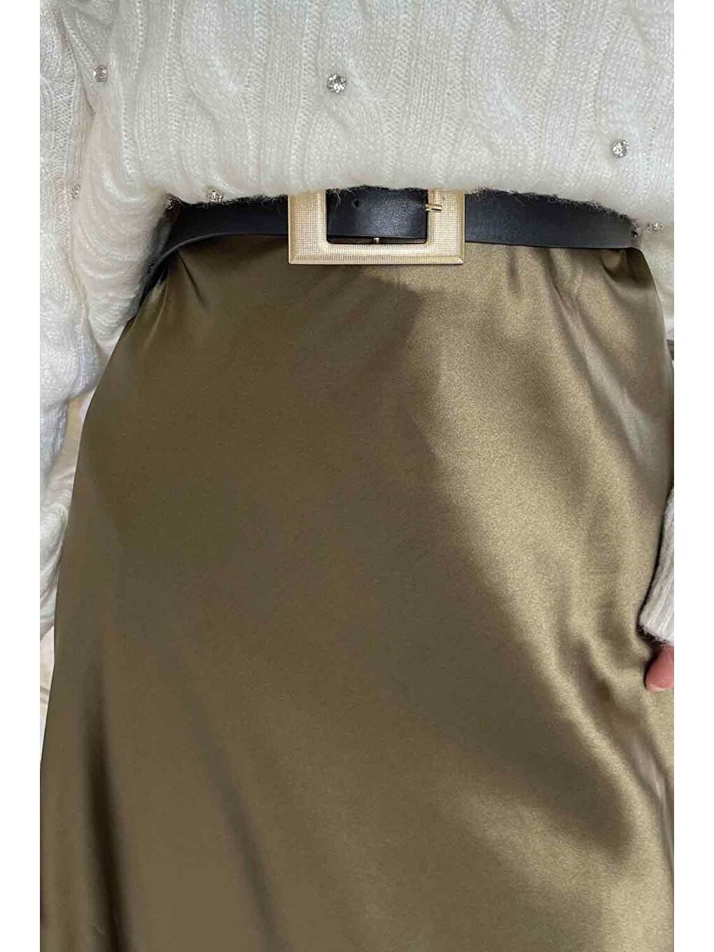 Düz Saten Çan Etek Haki-3