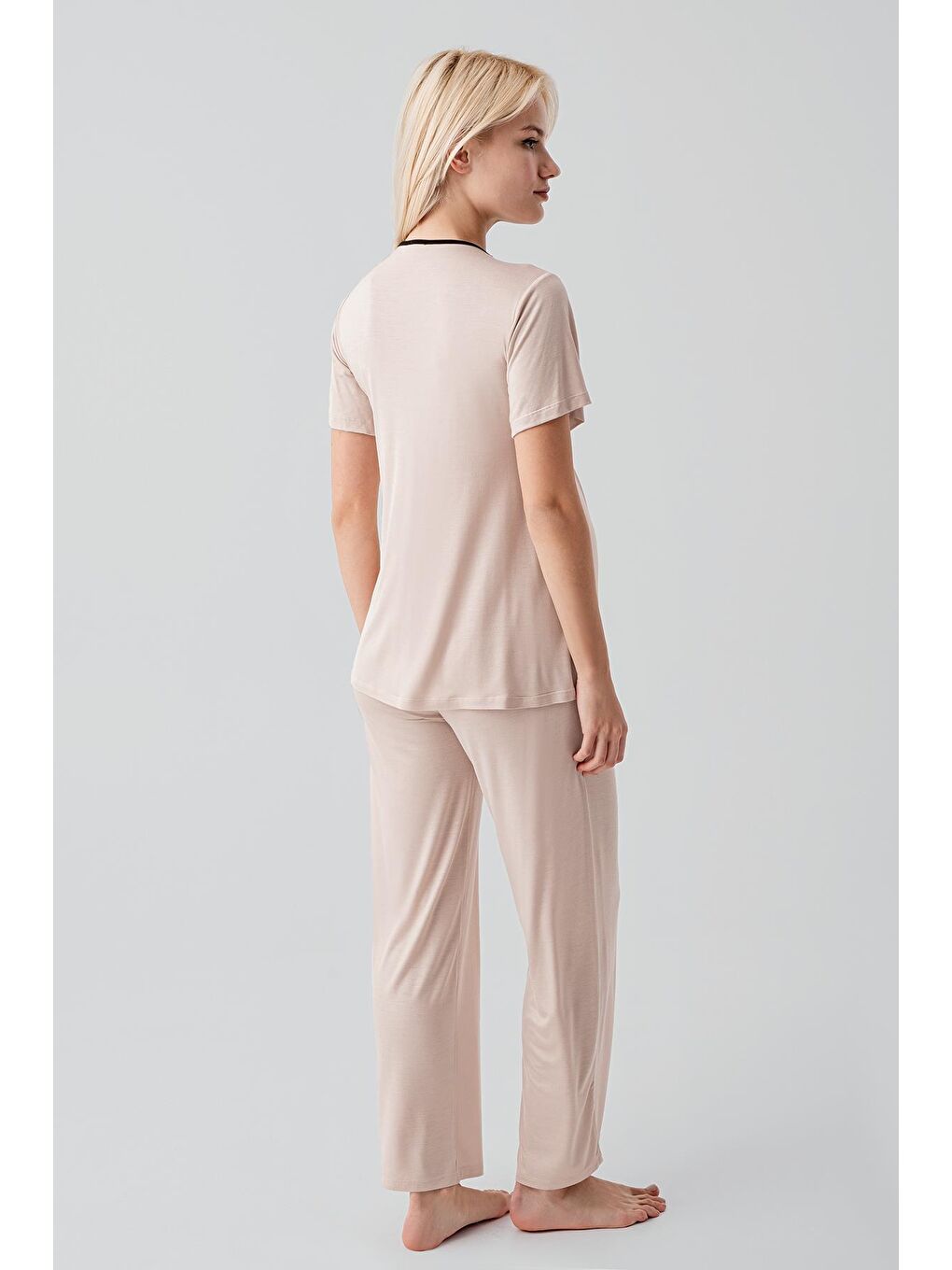 Bej Kısa Kollu Emzirme Bölmeli Ayarlanabilir Bel Esnek Viskoz Hamile Pijama Takım 19217-2