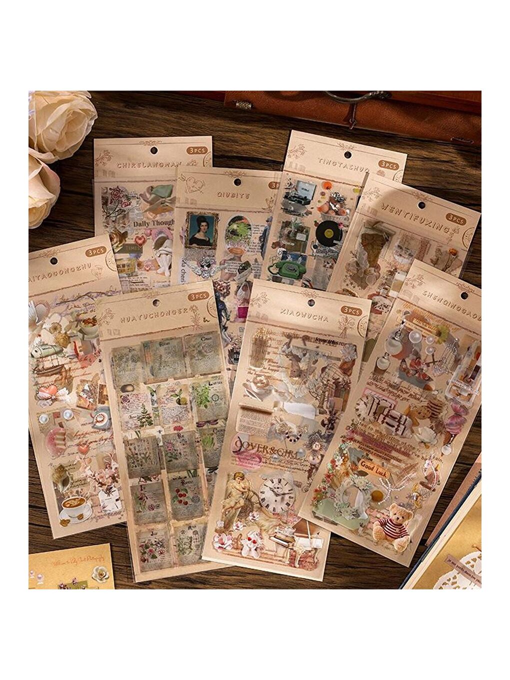 Vintage Temalı Sticker Seti – 3 Sayfa Scrapbook Etiketi