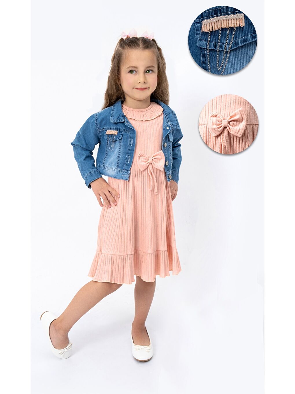 Pembe Jean Ceketli Kız Çocuk Elbise MNK2119