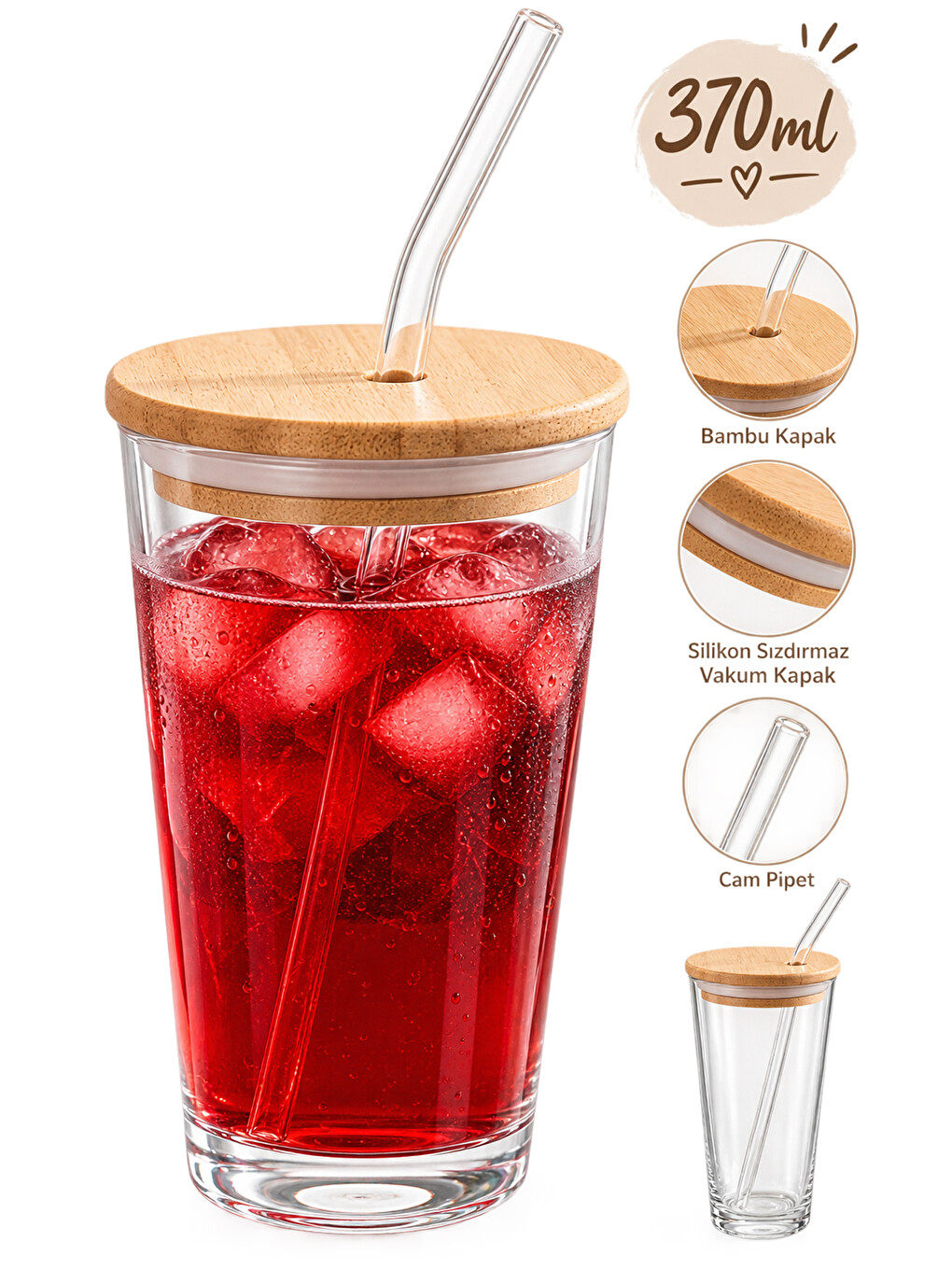 Renksiz 12474 Bambu Kapaklı Cam Pipetli Sızdırmaz Silikon Contalı Sıcak Soğuk İçecek Bardağı 370ml-3
