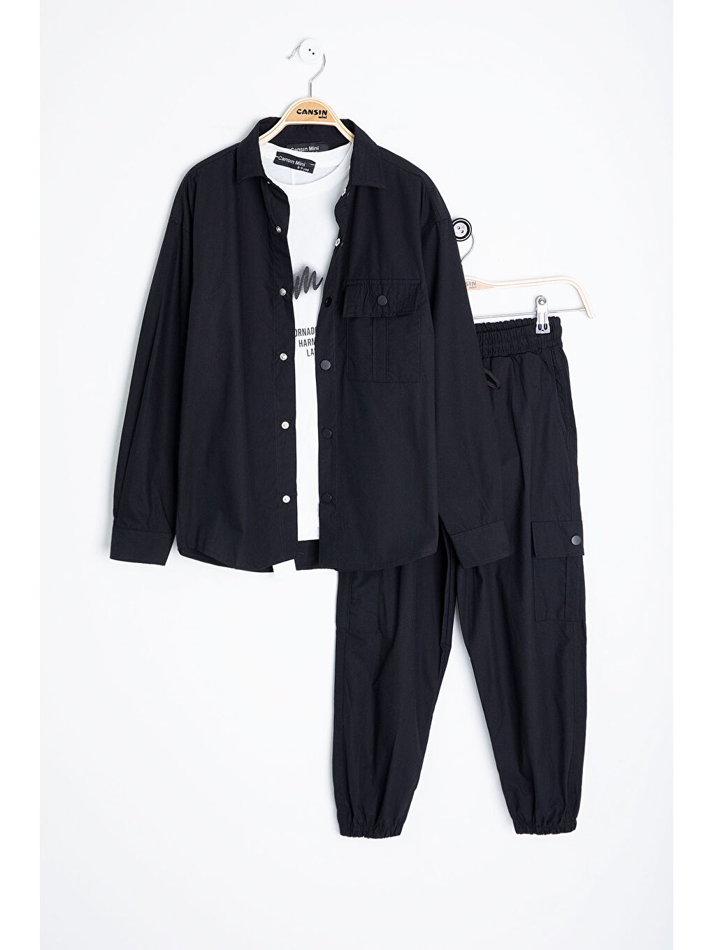 Siyah Yazılı Tişörtlü Paraşüt Gömlekli Erkek Çocuk 3lü Alt Üst Takım 20539