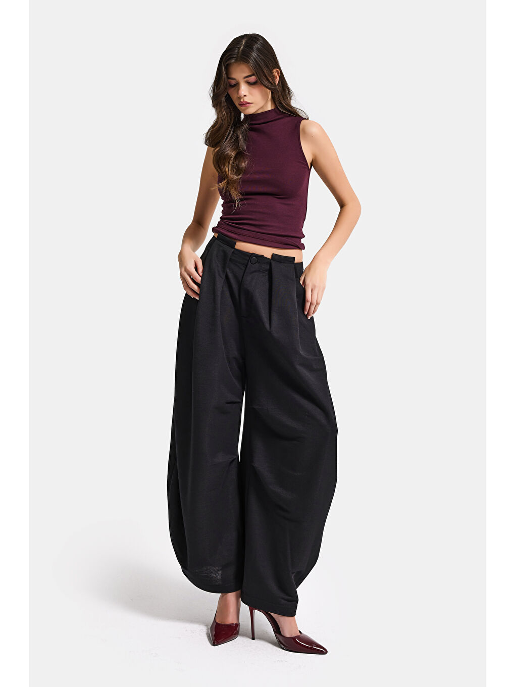 Kadın Siyah Balon Fit Viskon Kumaş Özel Tasarım Pantolon-1